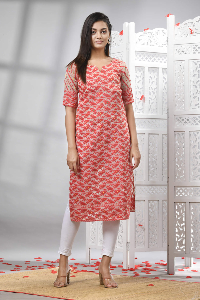 Red Cotton Bengal Handwoven Kurti