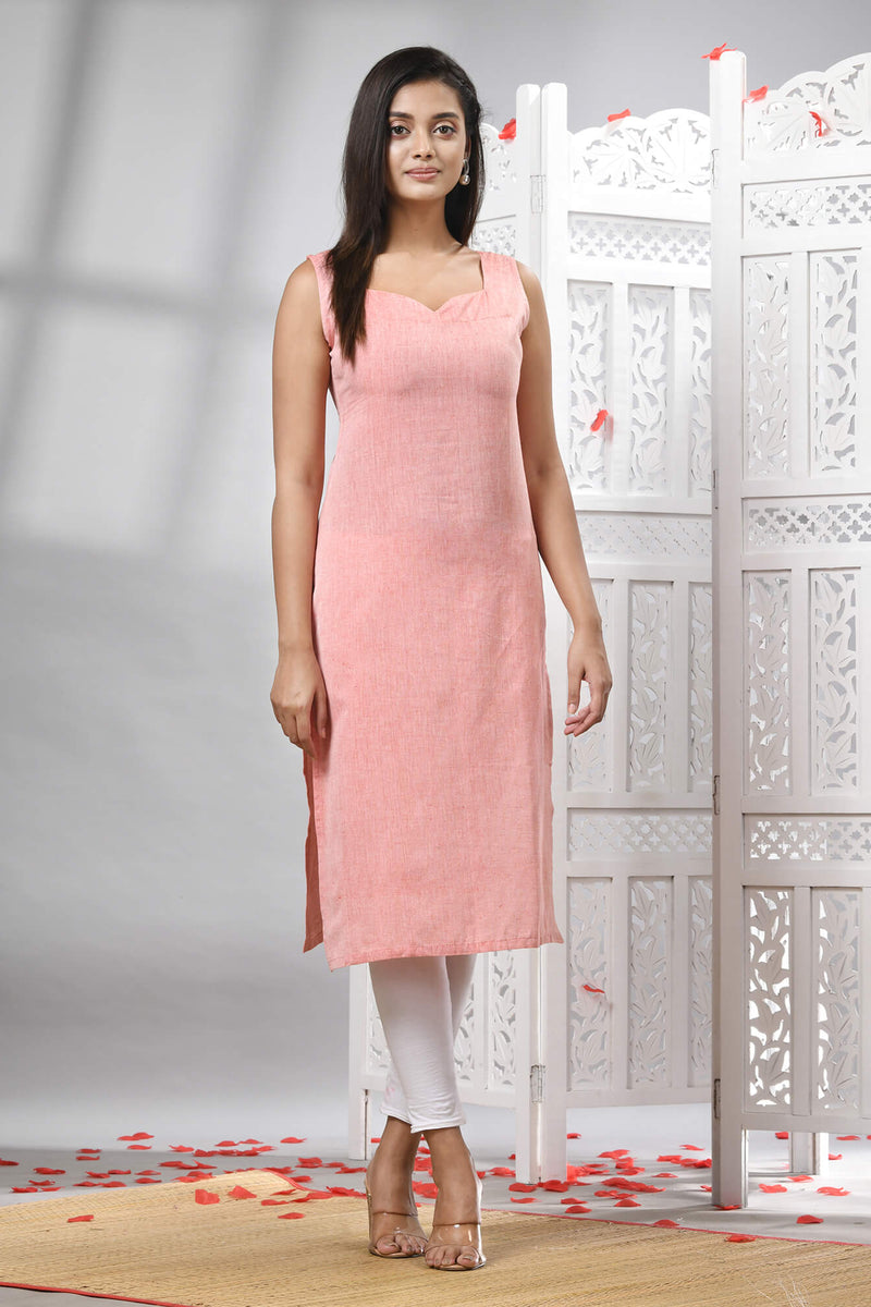 Peach Cotton Bengal Handwoven Kurti