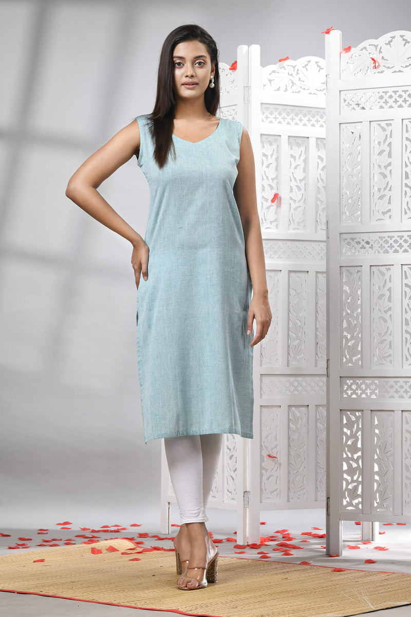 Sky Blue Cotton Bengal Handwoven Kurti