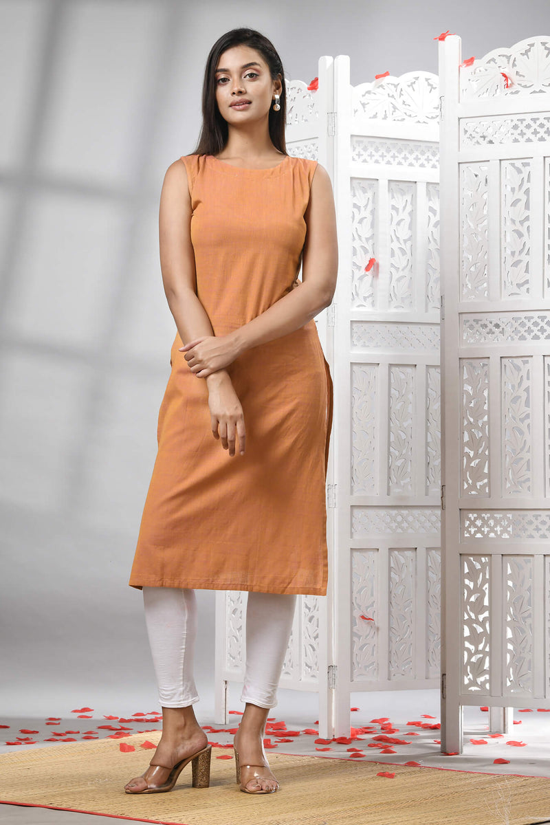 Peach Cotton Bengal Handwoven Kurti