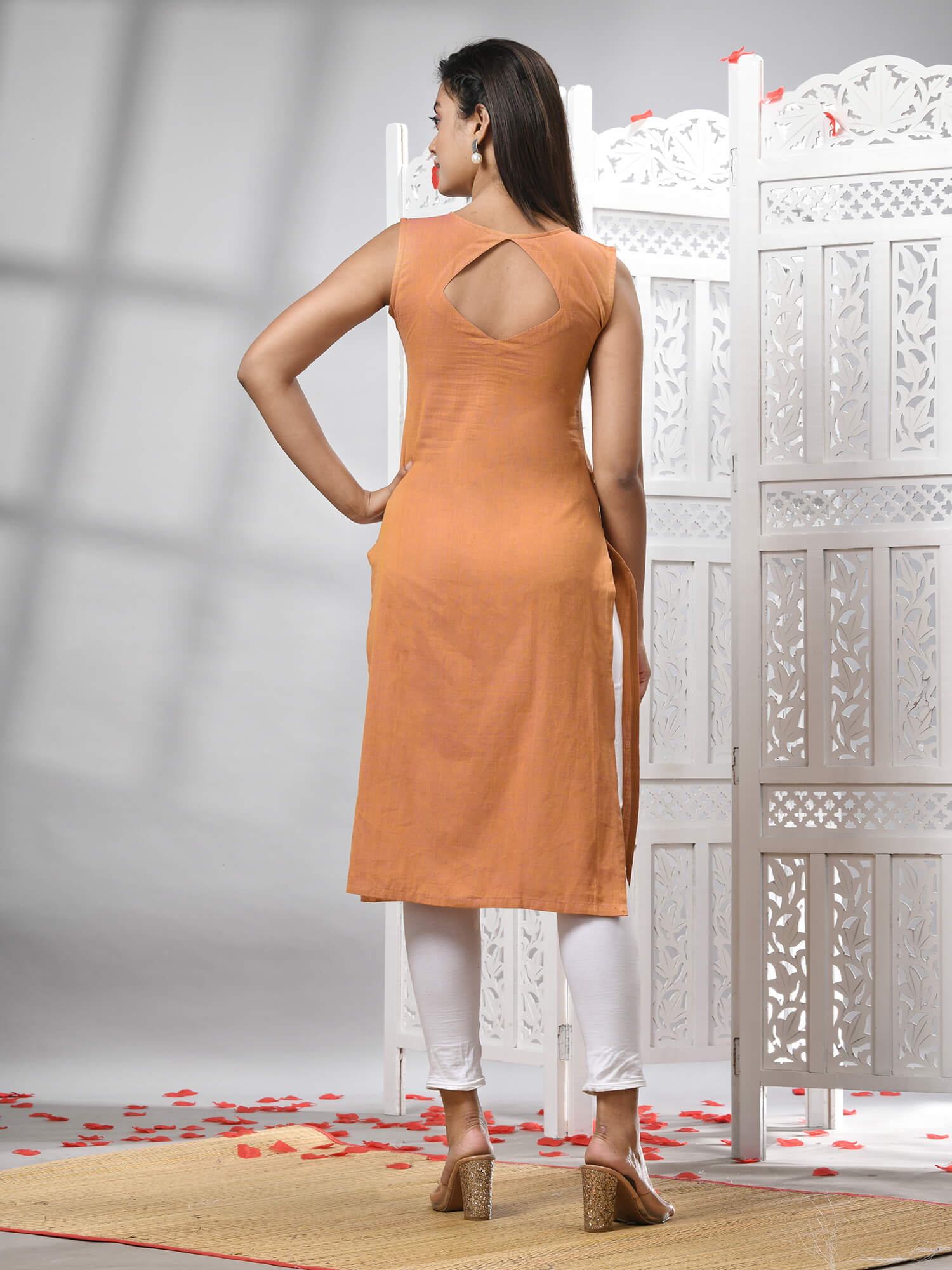 Peach Cotton Bengal Handwoven Kurti