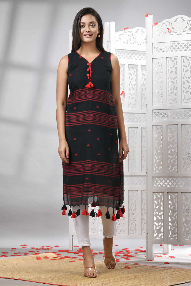Black Cotton Bengal Handwoven Kurti