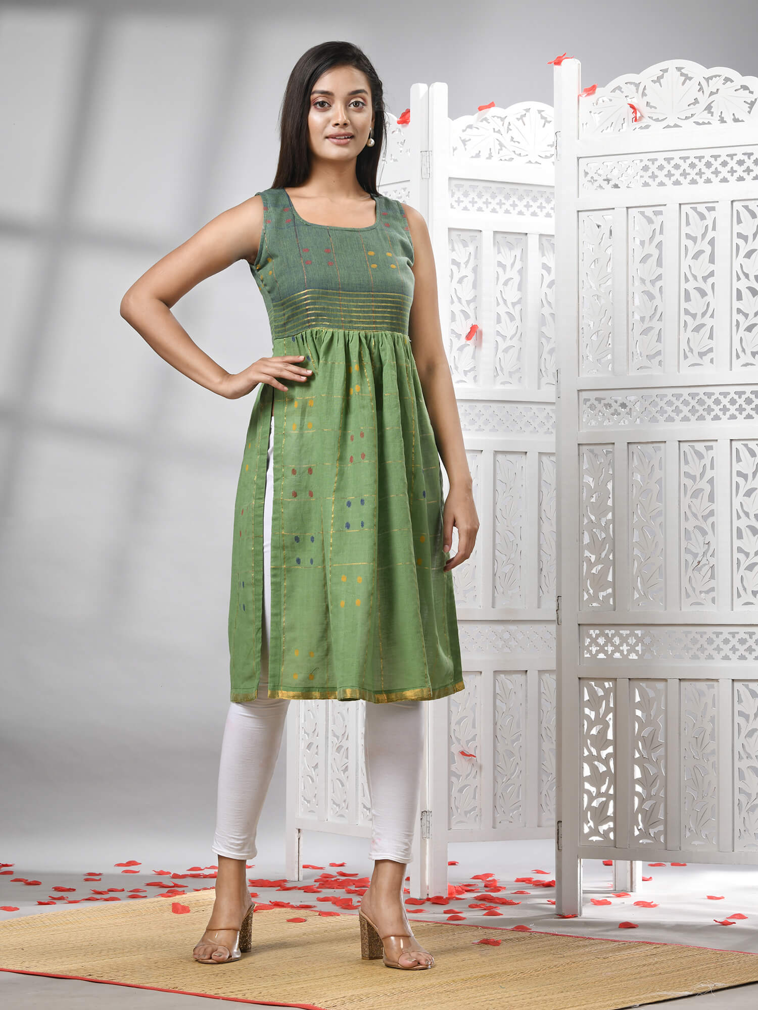Green Cotton Bengal Handwoven Kurti