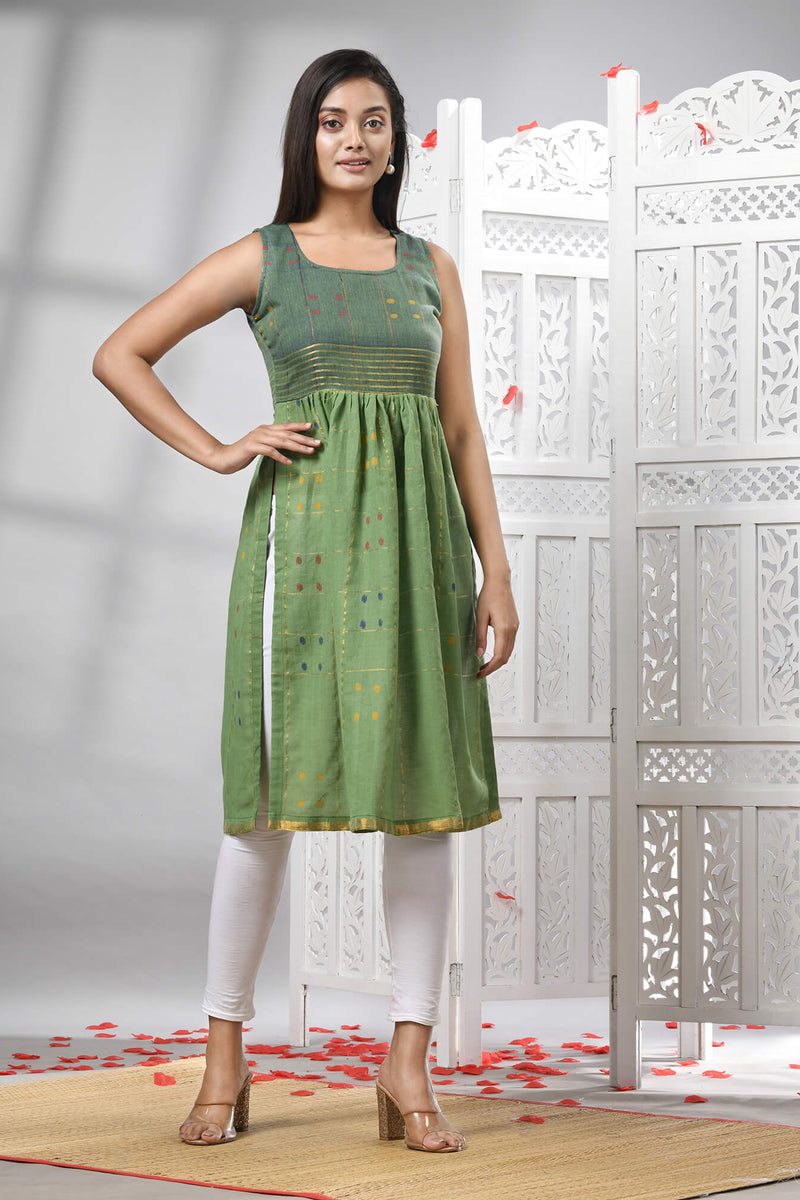 Green Cotton Bengal Handwoven Kurti