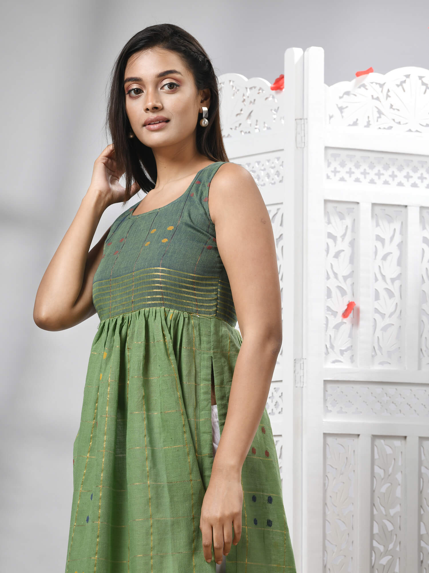 Green Cotton Bengal Handwoven Kurti