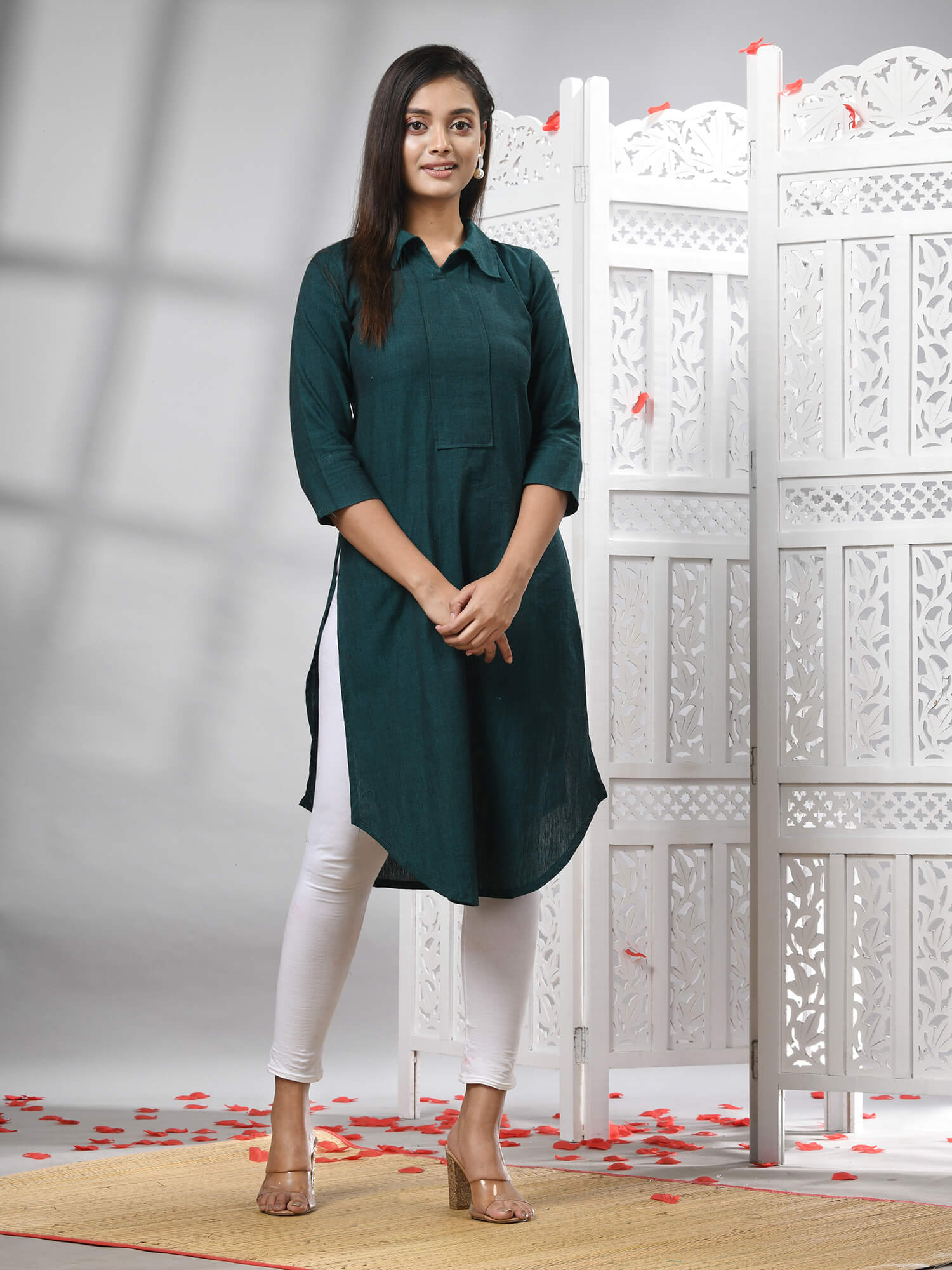 Bottle Green Cotton Bengal Handwoven Kurti
