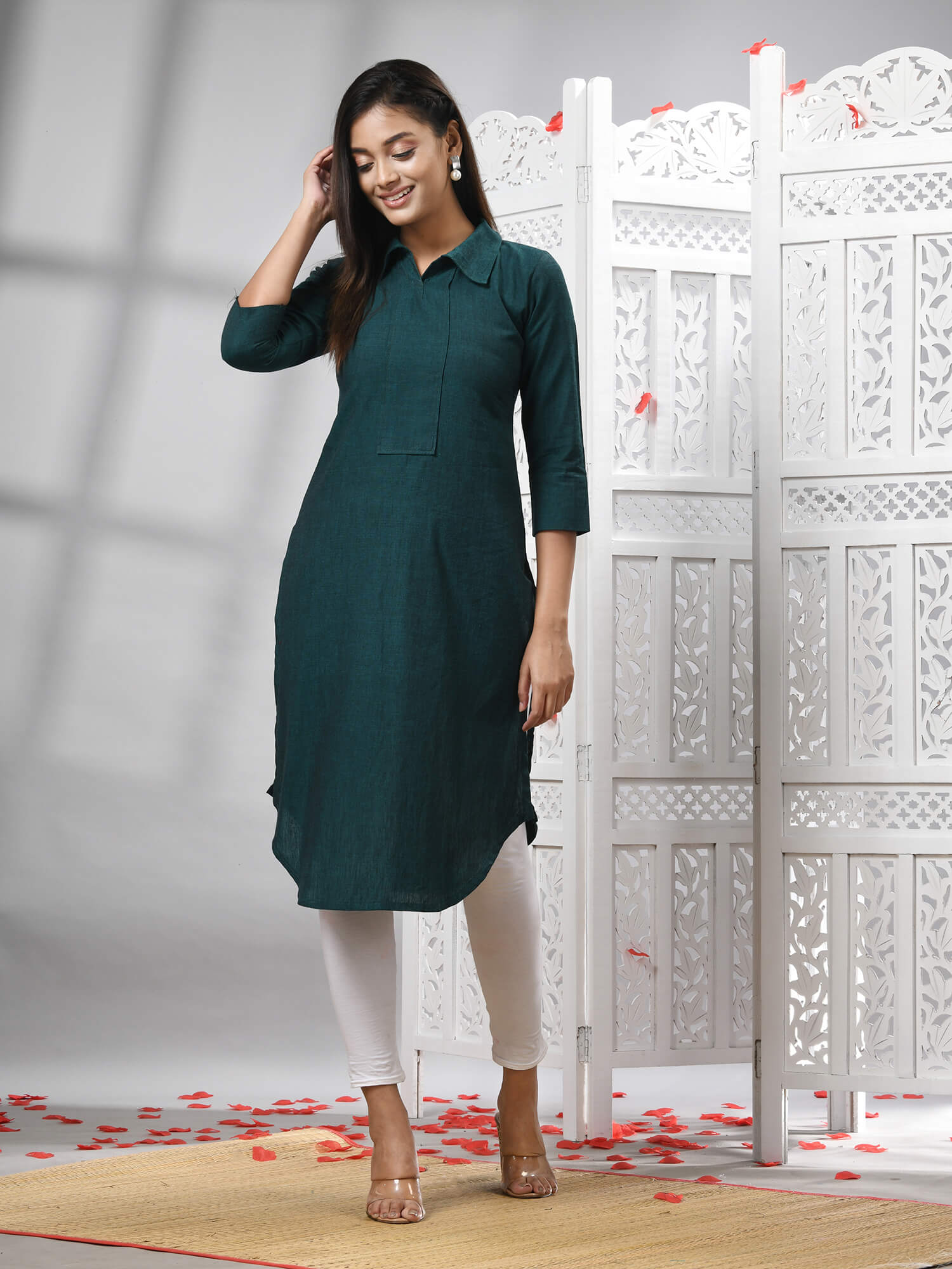 Bottle Green Cotton Bengal Handwoven Kurti