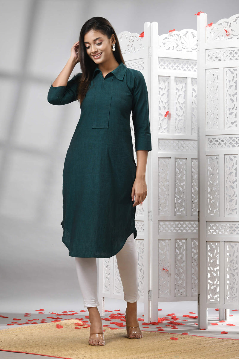 Bottle Green Cotton Bengal Handwoven Kurti