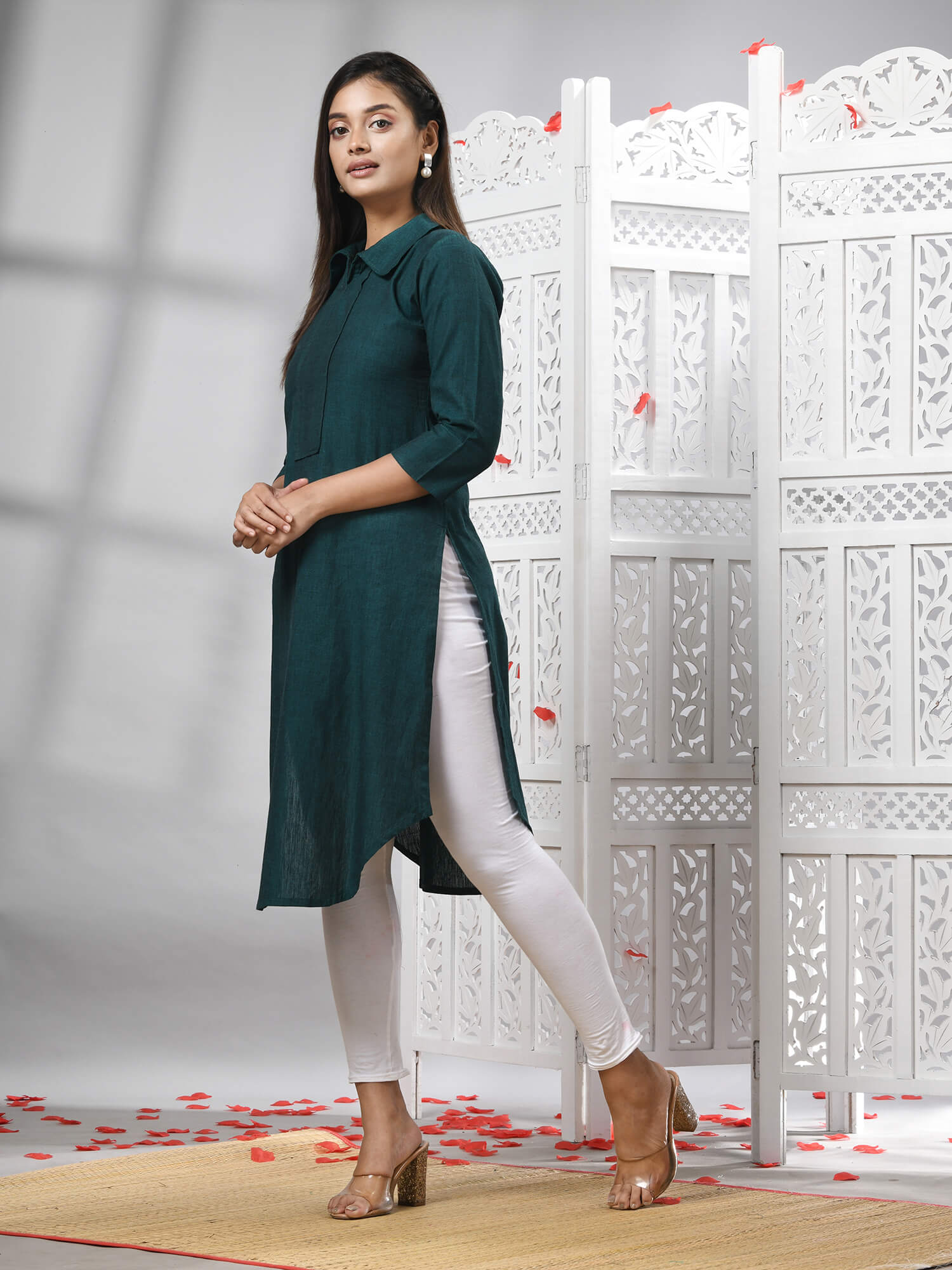 Bottle Green Cotton Bengal Handwoven Kurti