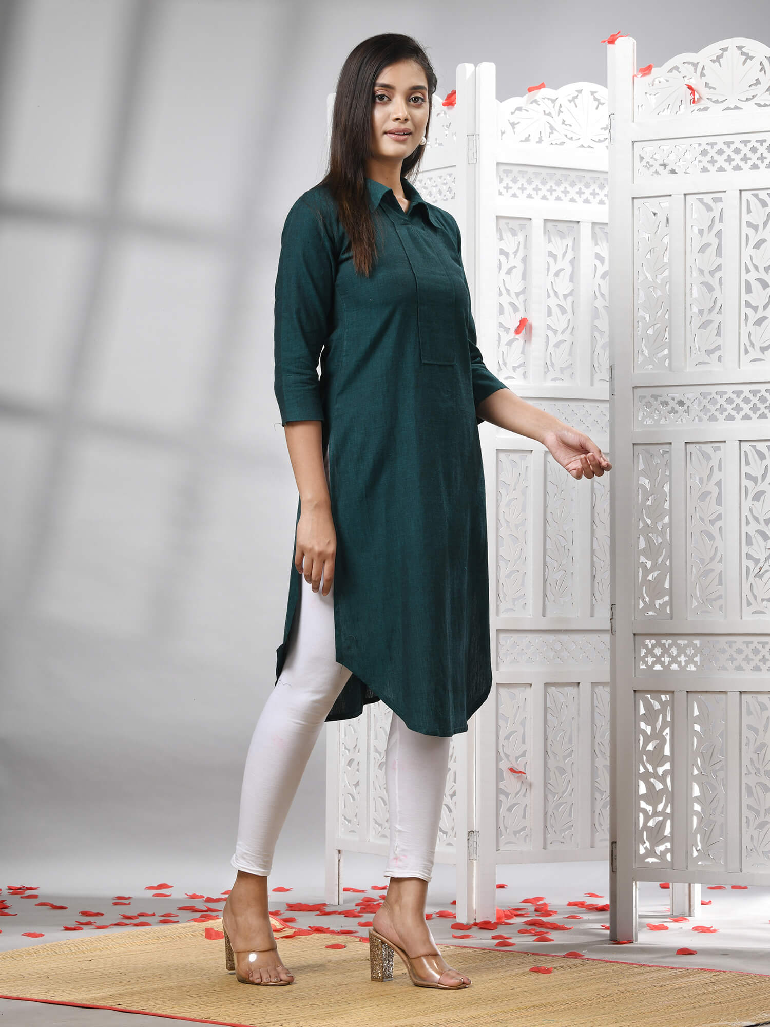 Bottle Green Cotton Bengal Handwoven Kurti