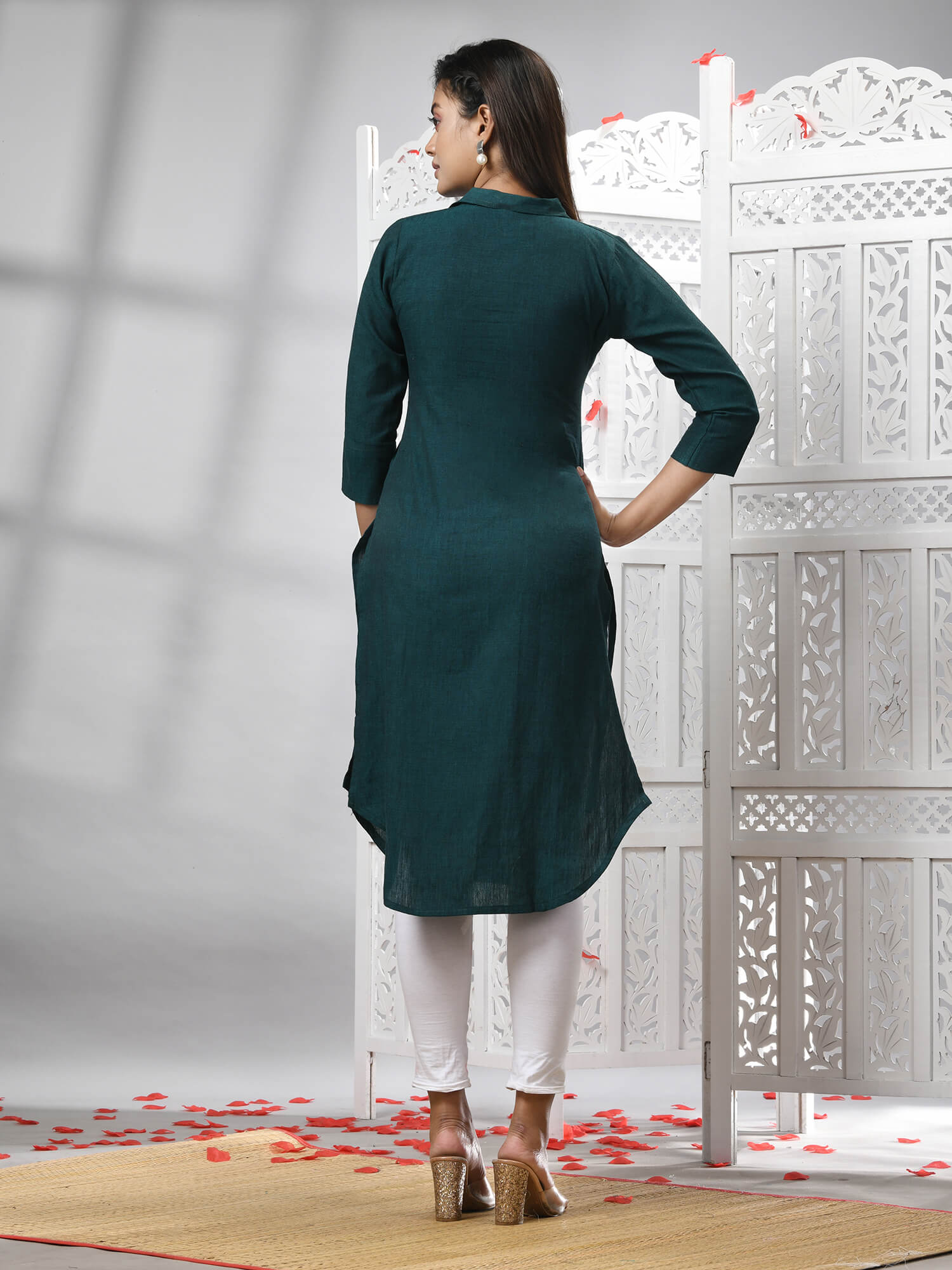 Bottle Green Cotton Bengal Handwoven Kurti