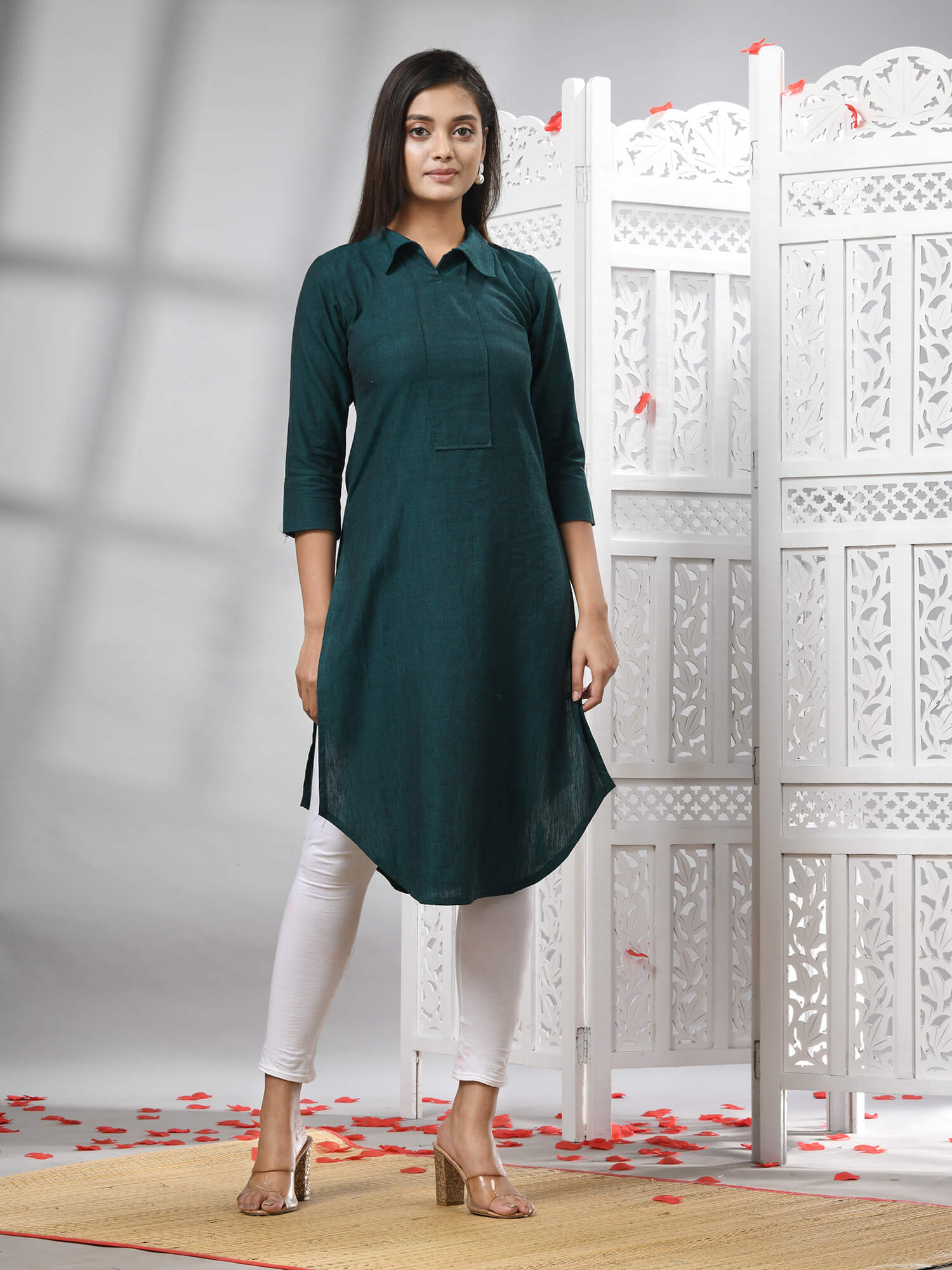 Bottle Green Cotton Bengal Handwoven Kurti