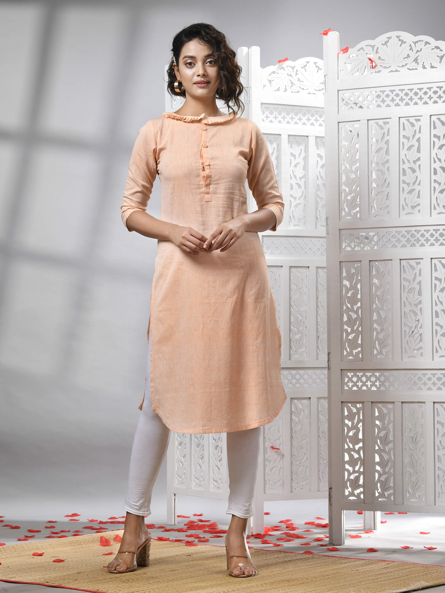 Peach Cotton Bengal Handwoven Kurti