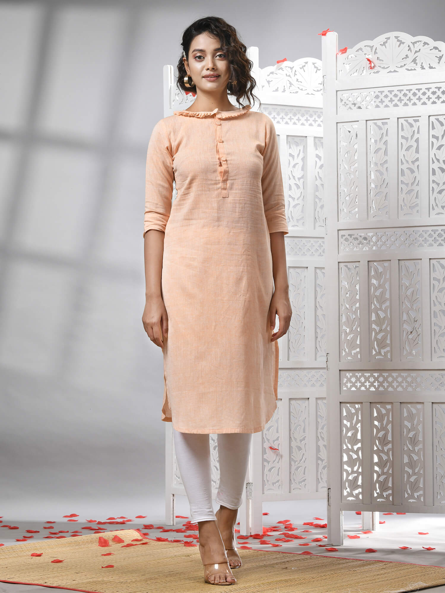 Peach Cotton Bengal Handwoven Kurti