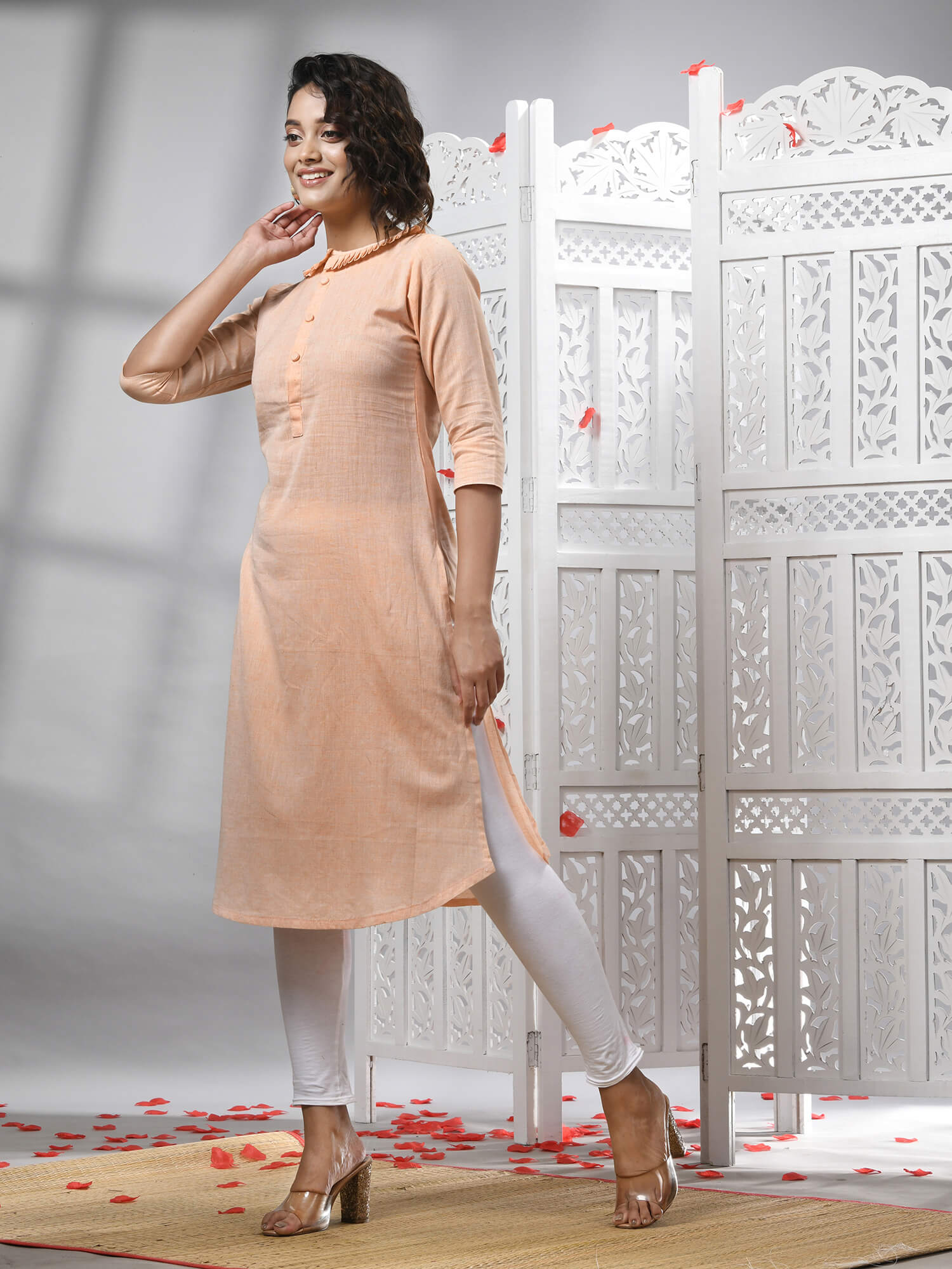 Peach Cotton Bengal Handwoven Kurti