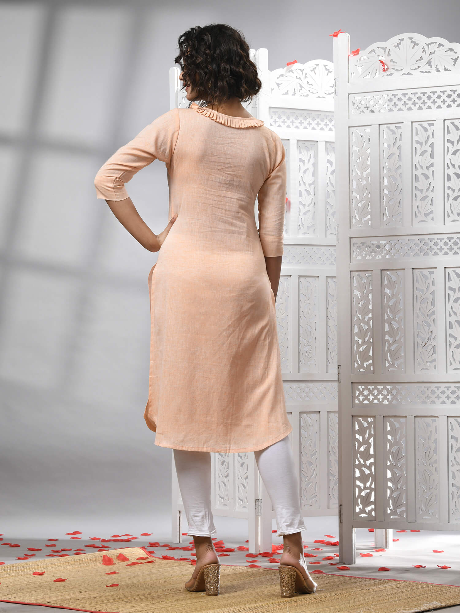 Peach Cotton Bengal Handwoven Kurti