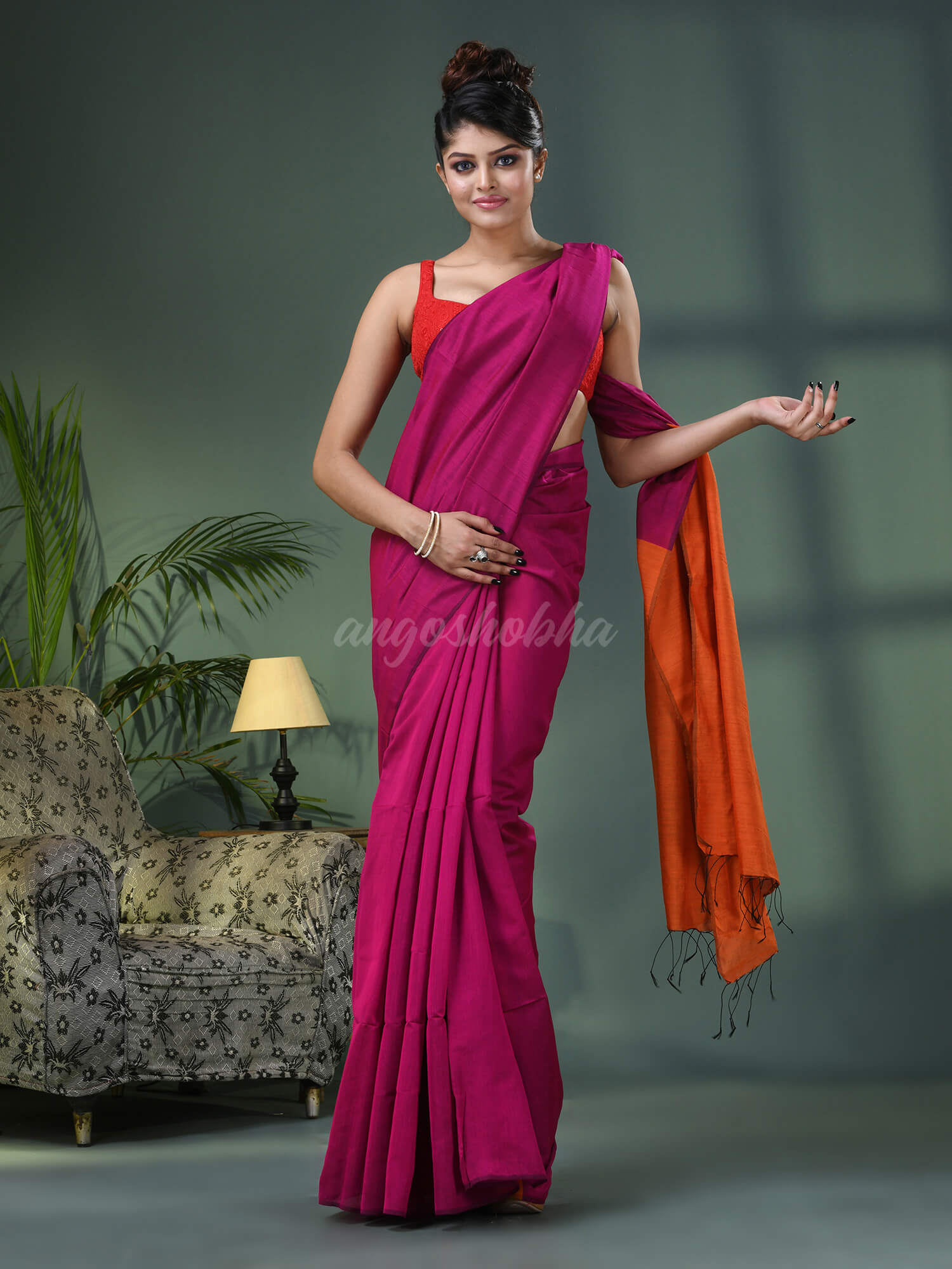 Rani Cotton Blend With Orange Pallu Handloom Saree