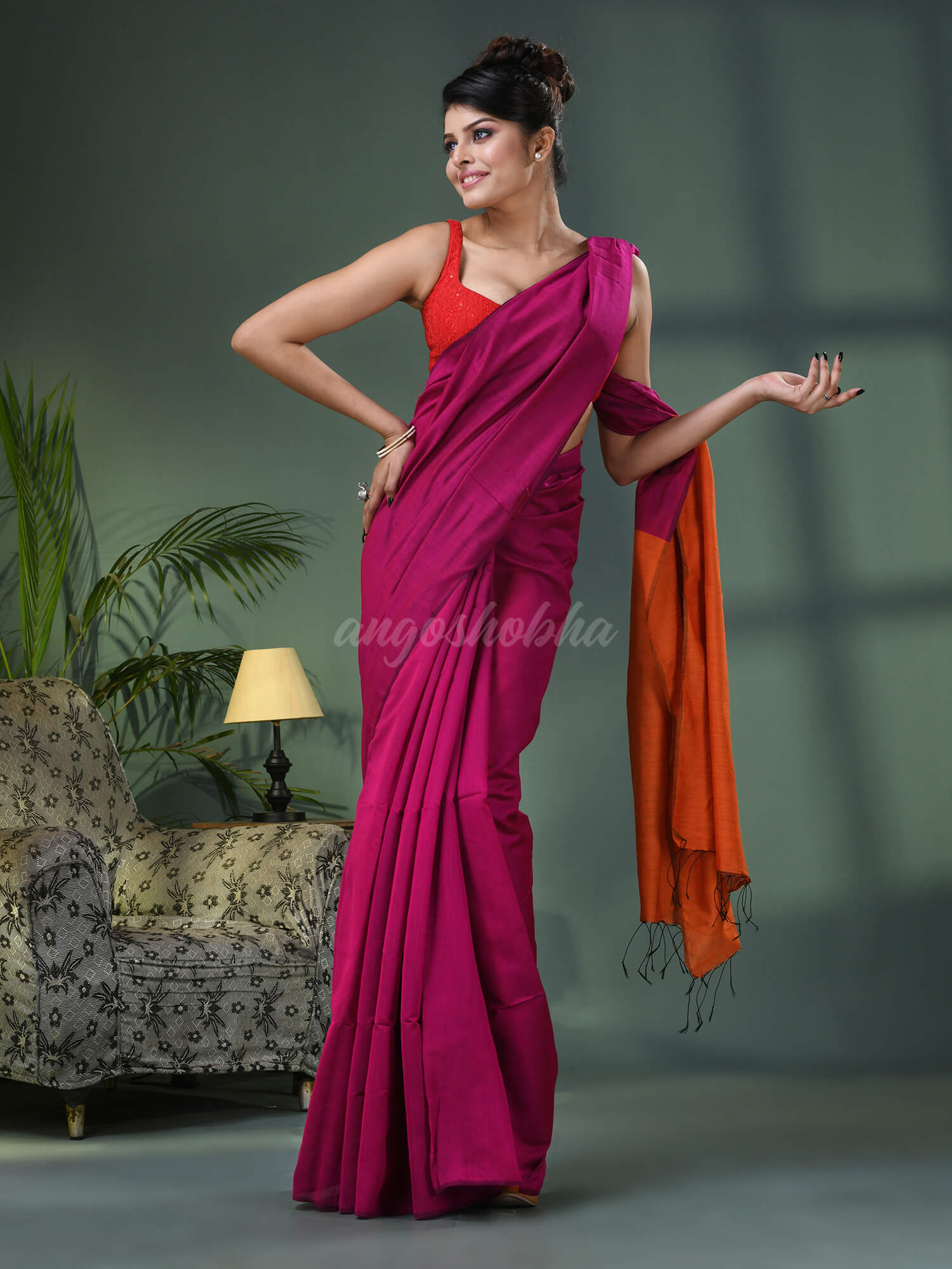 Rani Cotton Blend With Orange Pallu Handloom Saree
