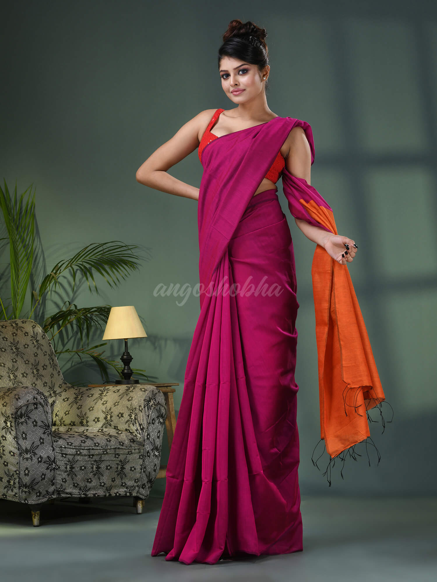Rani Cotton Blend With Orange Pallu Handloom Saree