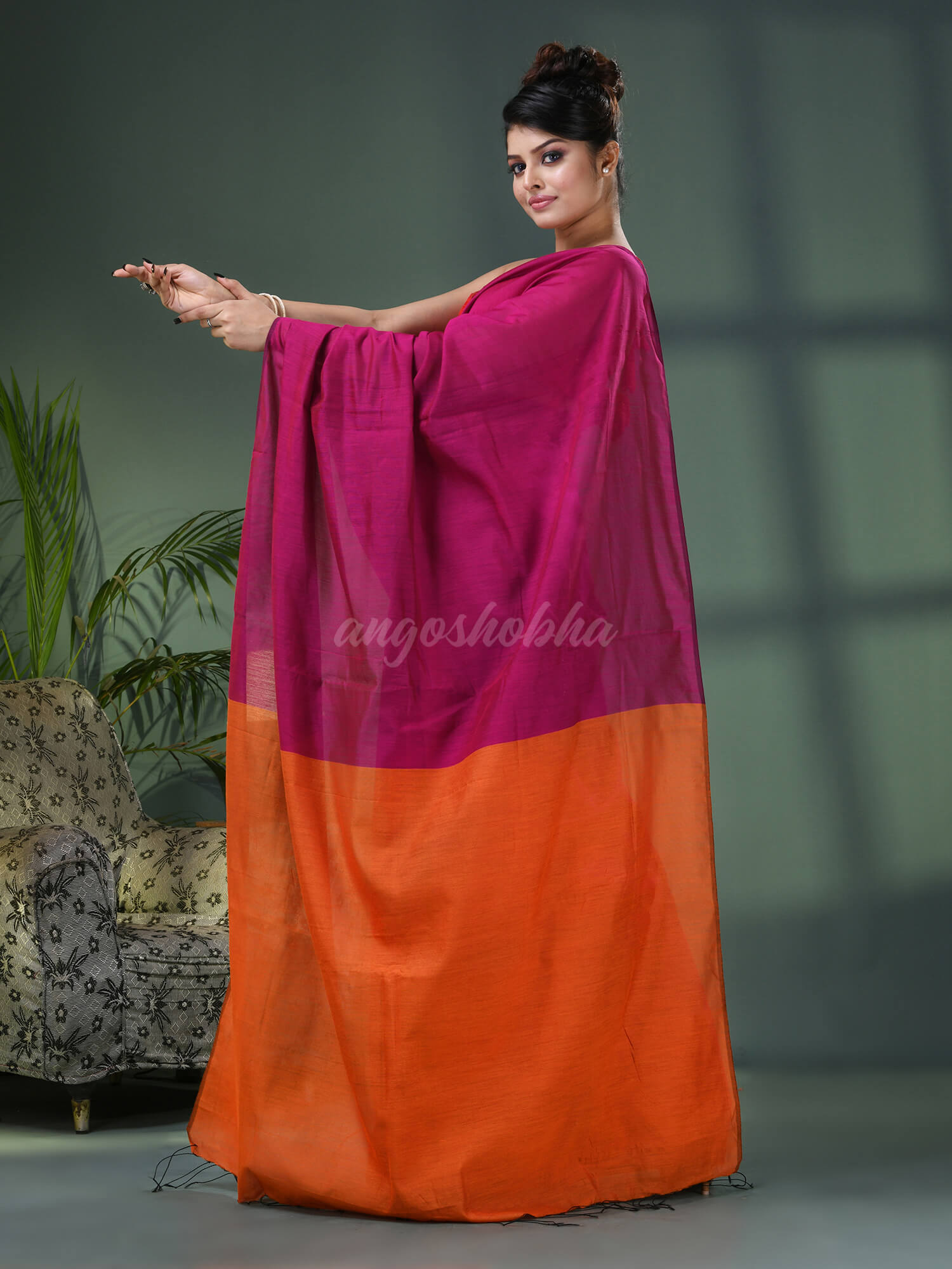 Rani Cotton Blend With Orange Pallu Handloom Saree