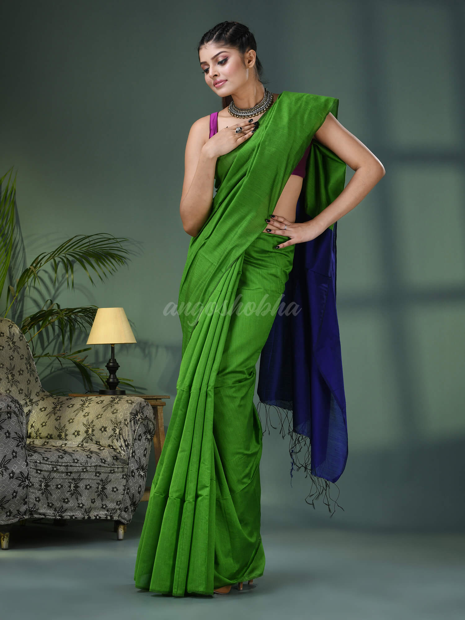 Green Cotton Blend With Blue Pallu Handloom Saree