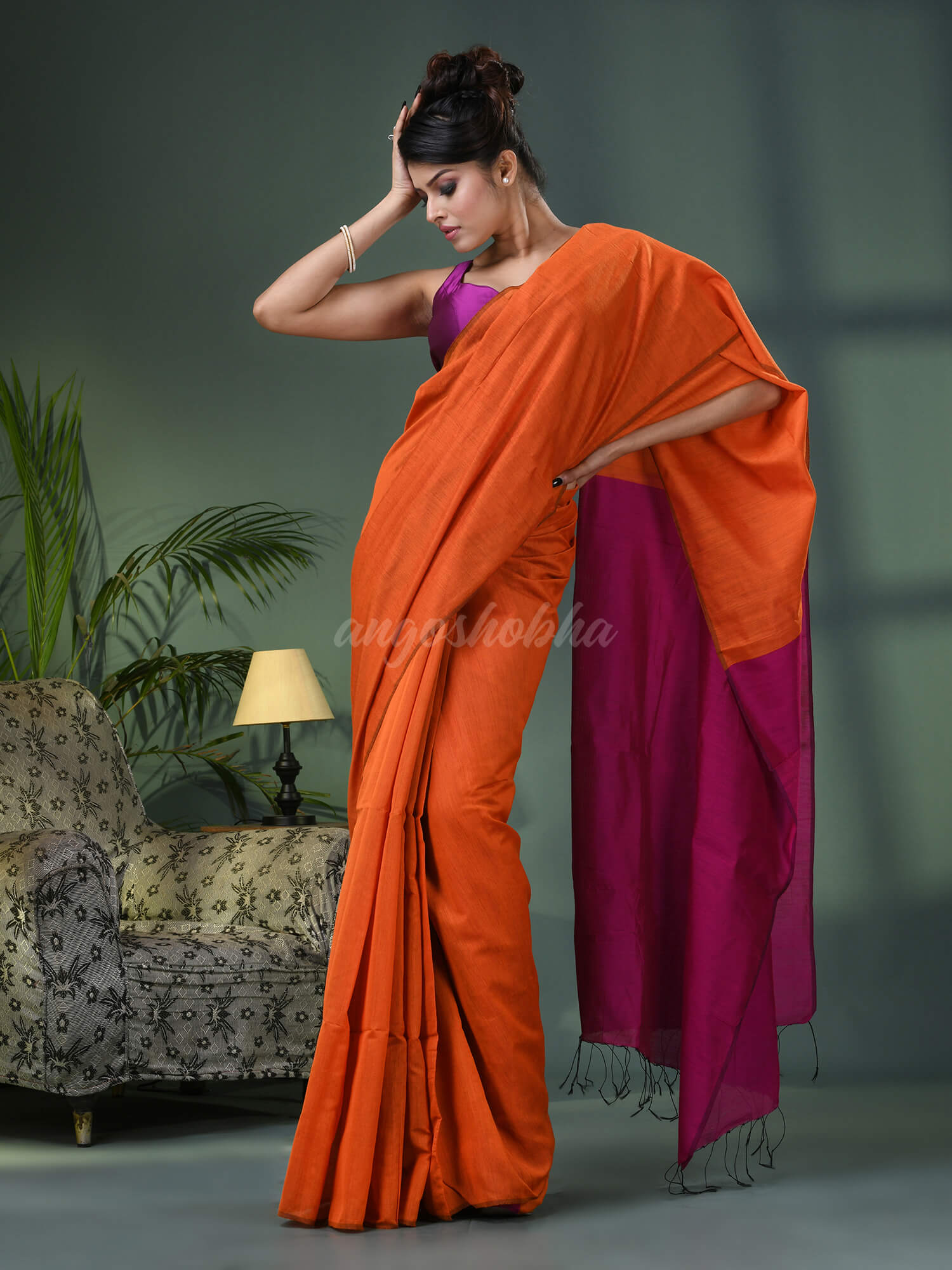 Orange Cotton Blend With Rani Pallu Handloom Saree