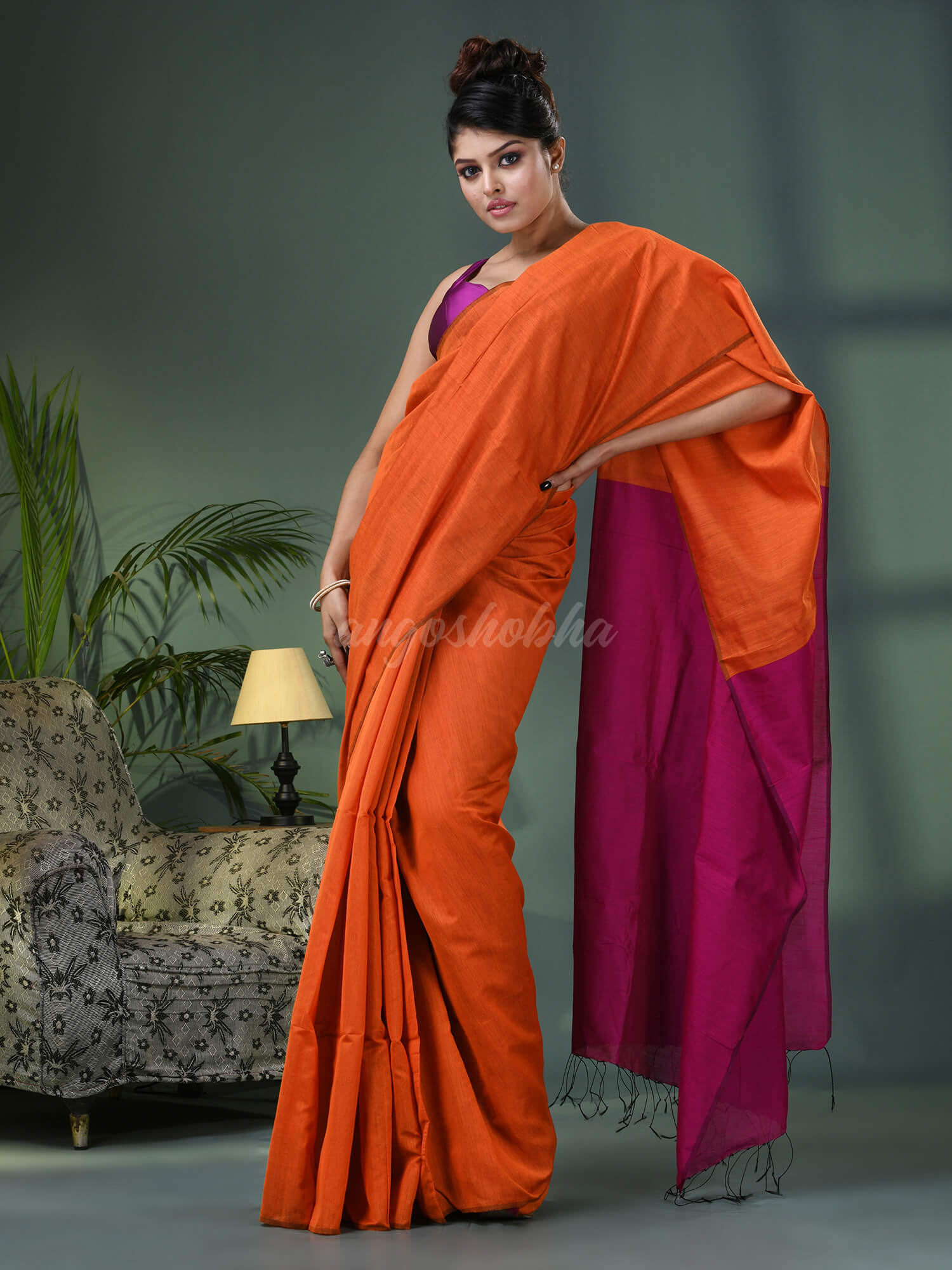 Orange Cotton Blend With Rani Pallu Handloom Saree