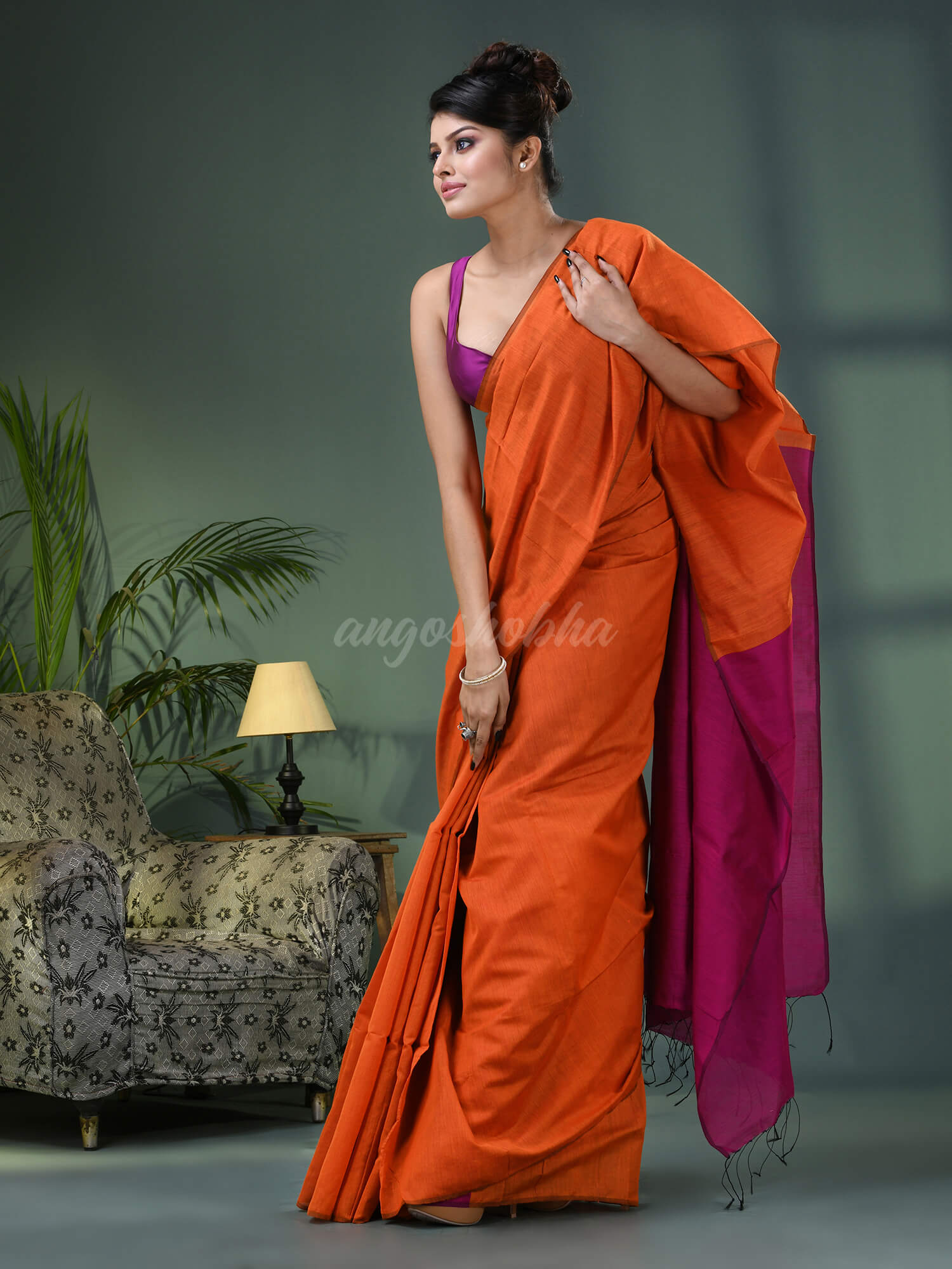 Orange Cotton Blend With Rani Pallu Handloom Saree