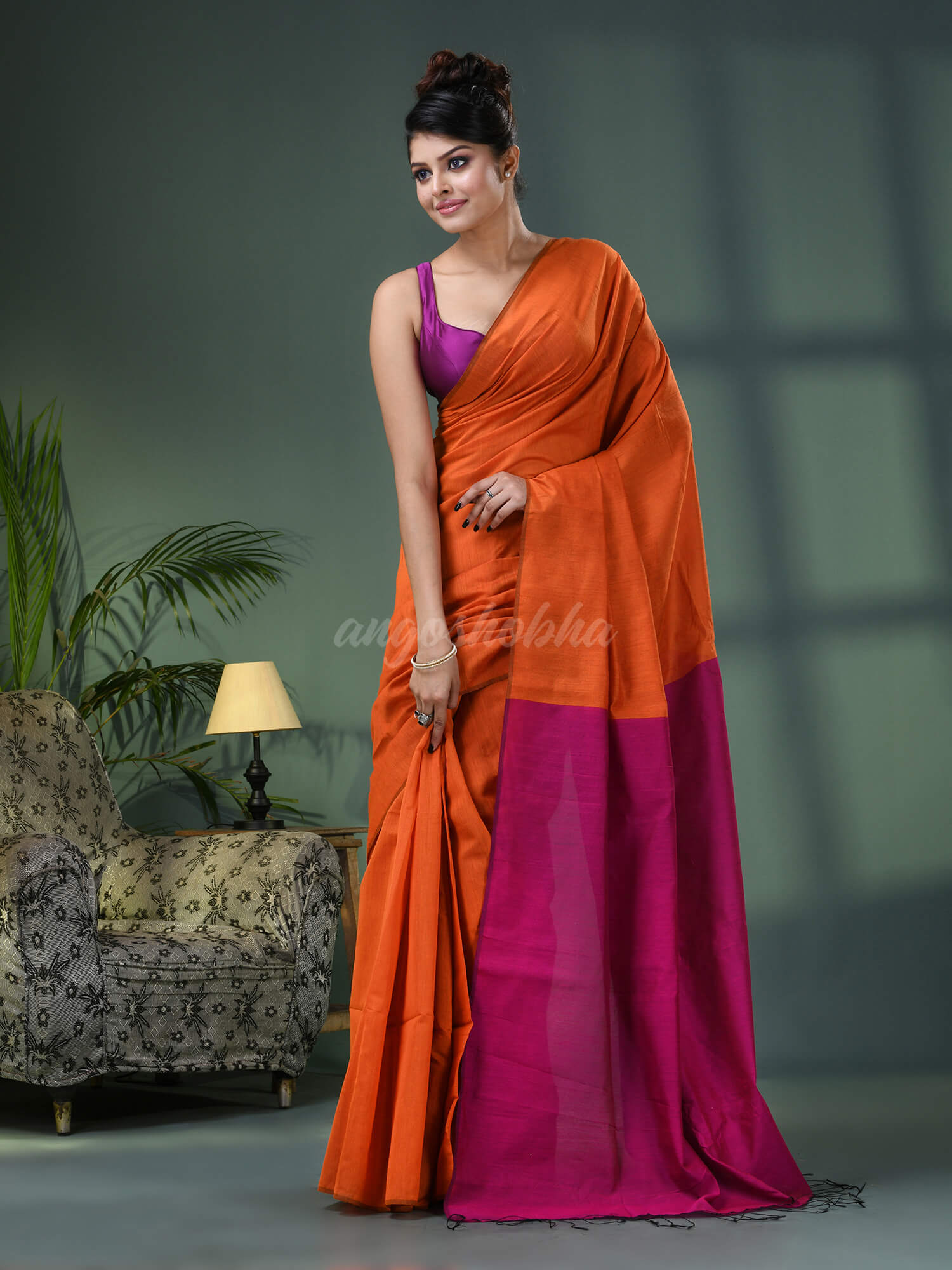 Orange Cotton Blend With Rani Pallu Handloom Saree