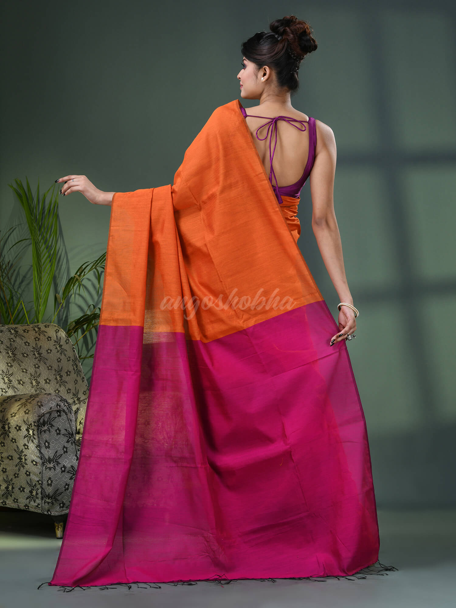 Orange Cotton Blend With Rani Pallu Handloom Saree