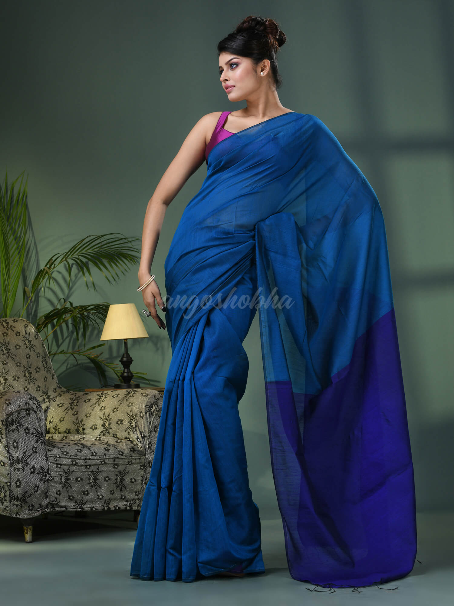Turquoise Cotton Blend With Blue Pallu Handloom Saree