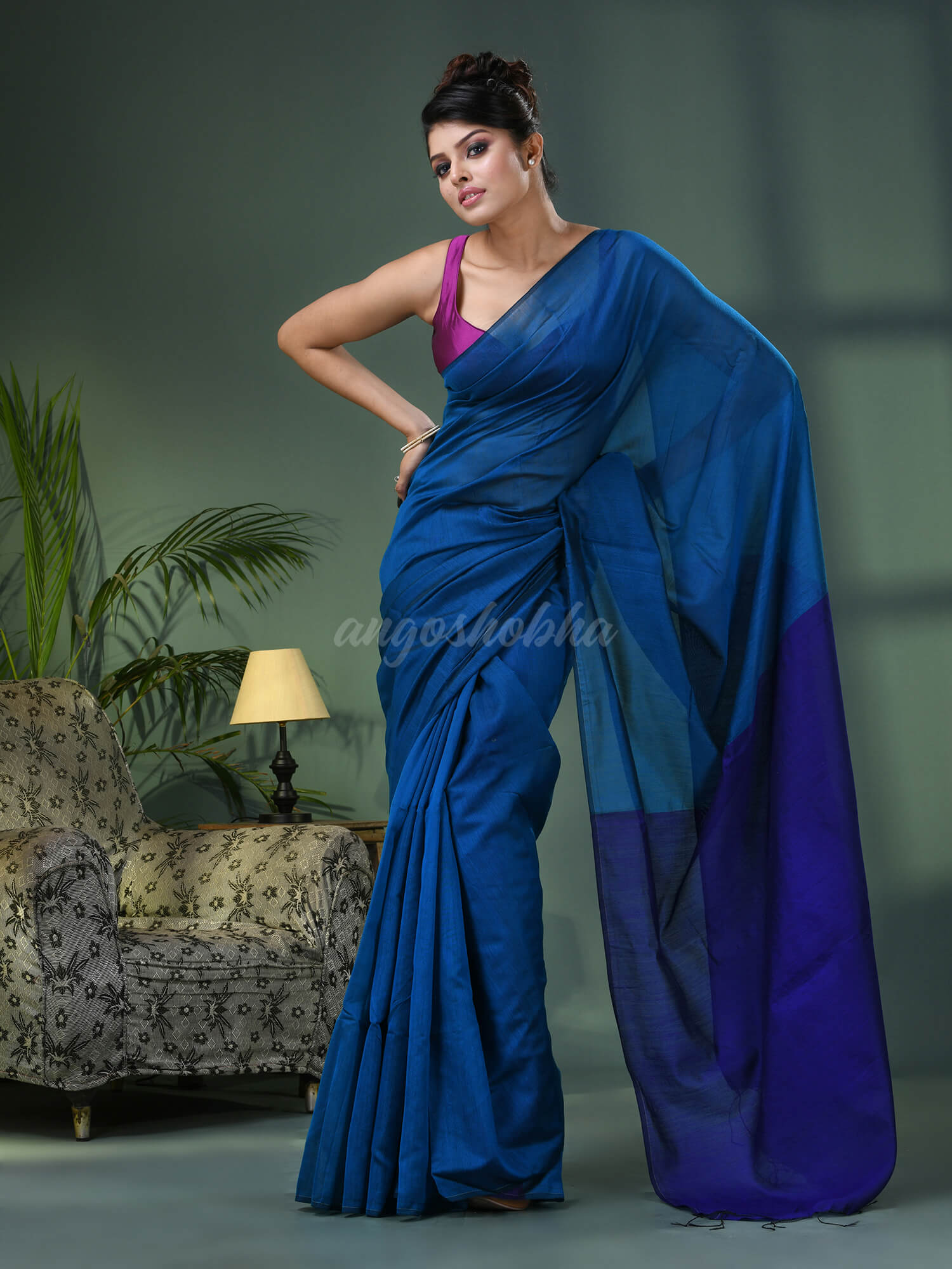Turquoise Cotton Blend With Blue Pallu Handloom Saree