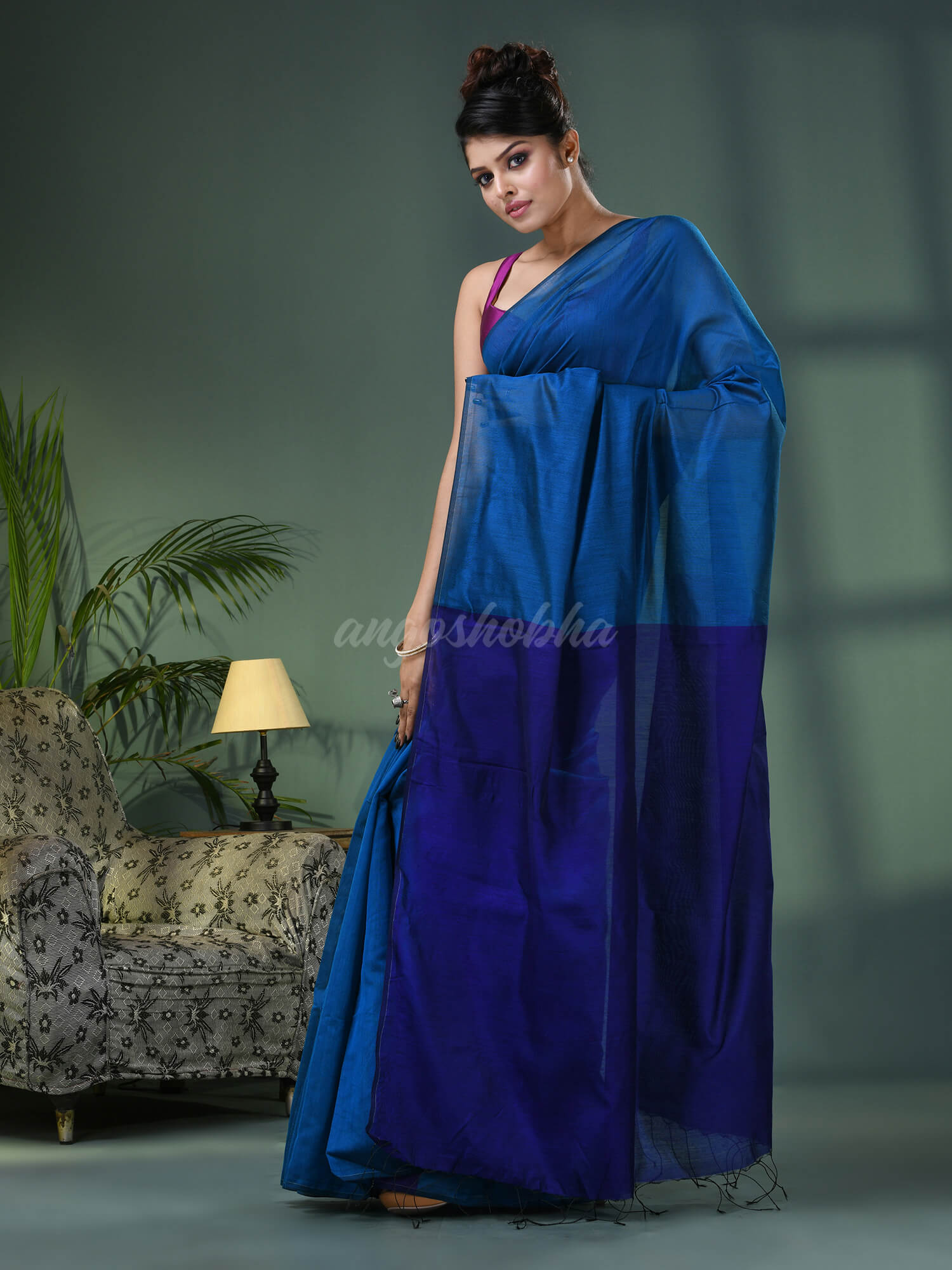 Turquoise Cotton Blend With Blue Pallu Handloom Saree