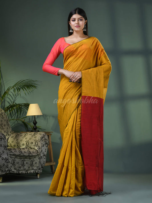 Yellow Cotton Blend With Red Pallu Handloom Saree