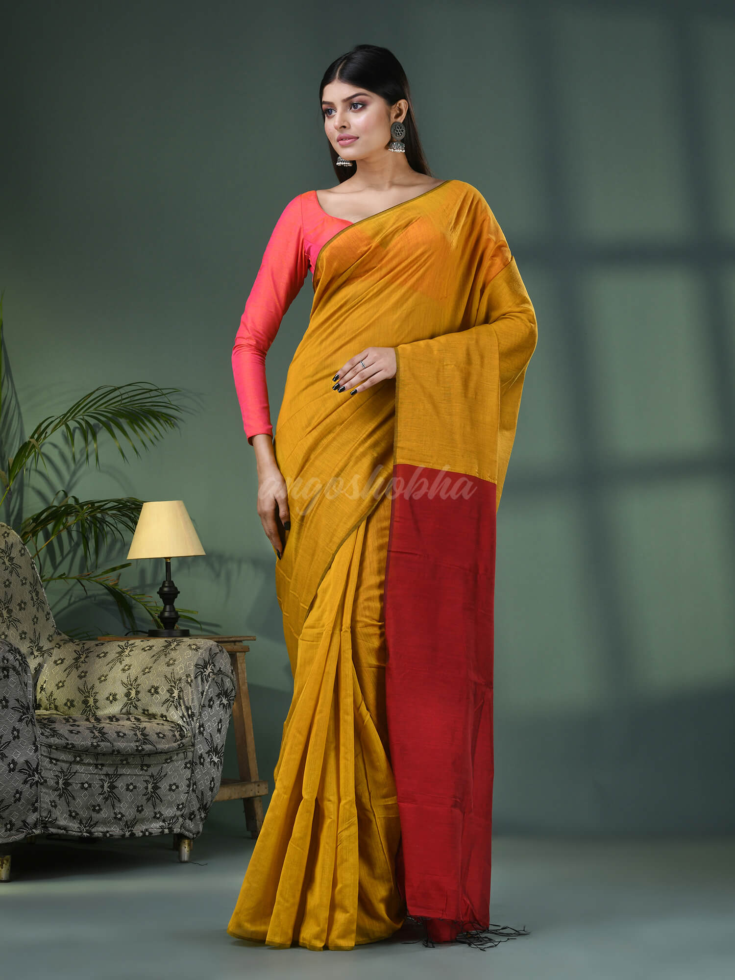 Yellow Cotton Blend With Red Pallu Handloom Saree