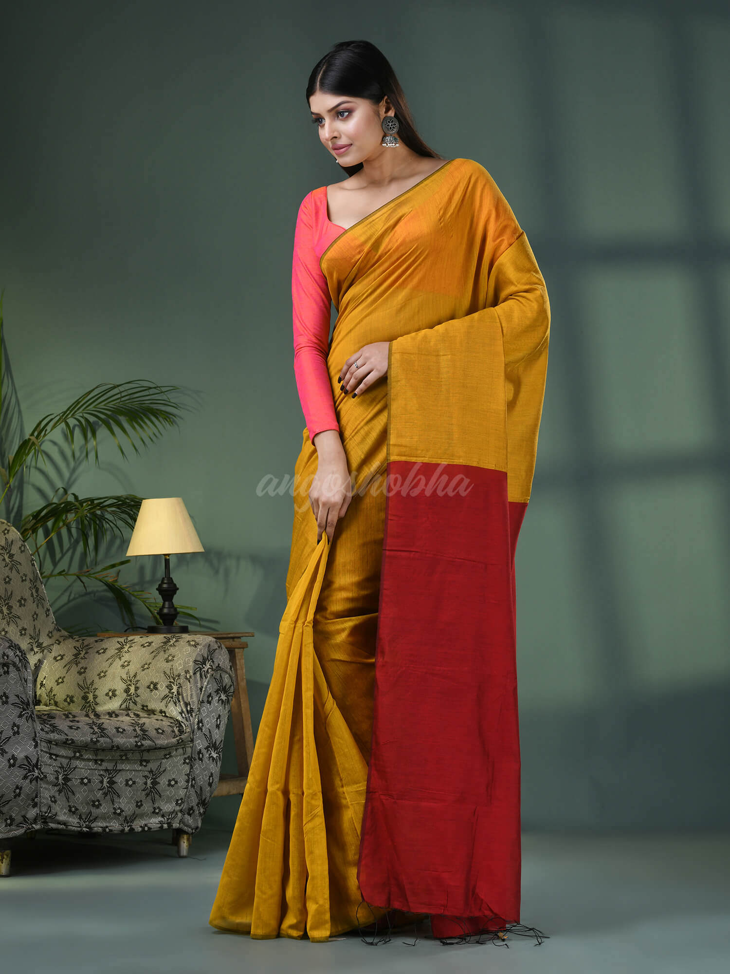 Yellow Cotton Blend With Red Pallu Handloom Saree
