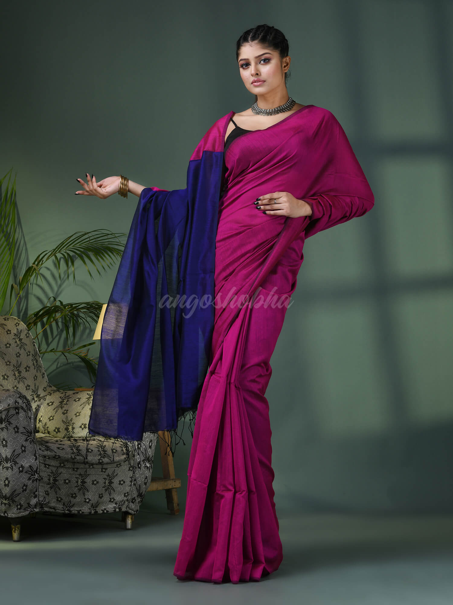 Rani Cotton Blend With Blue Pallu Handloom Saree