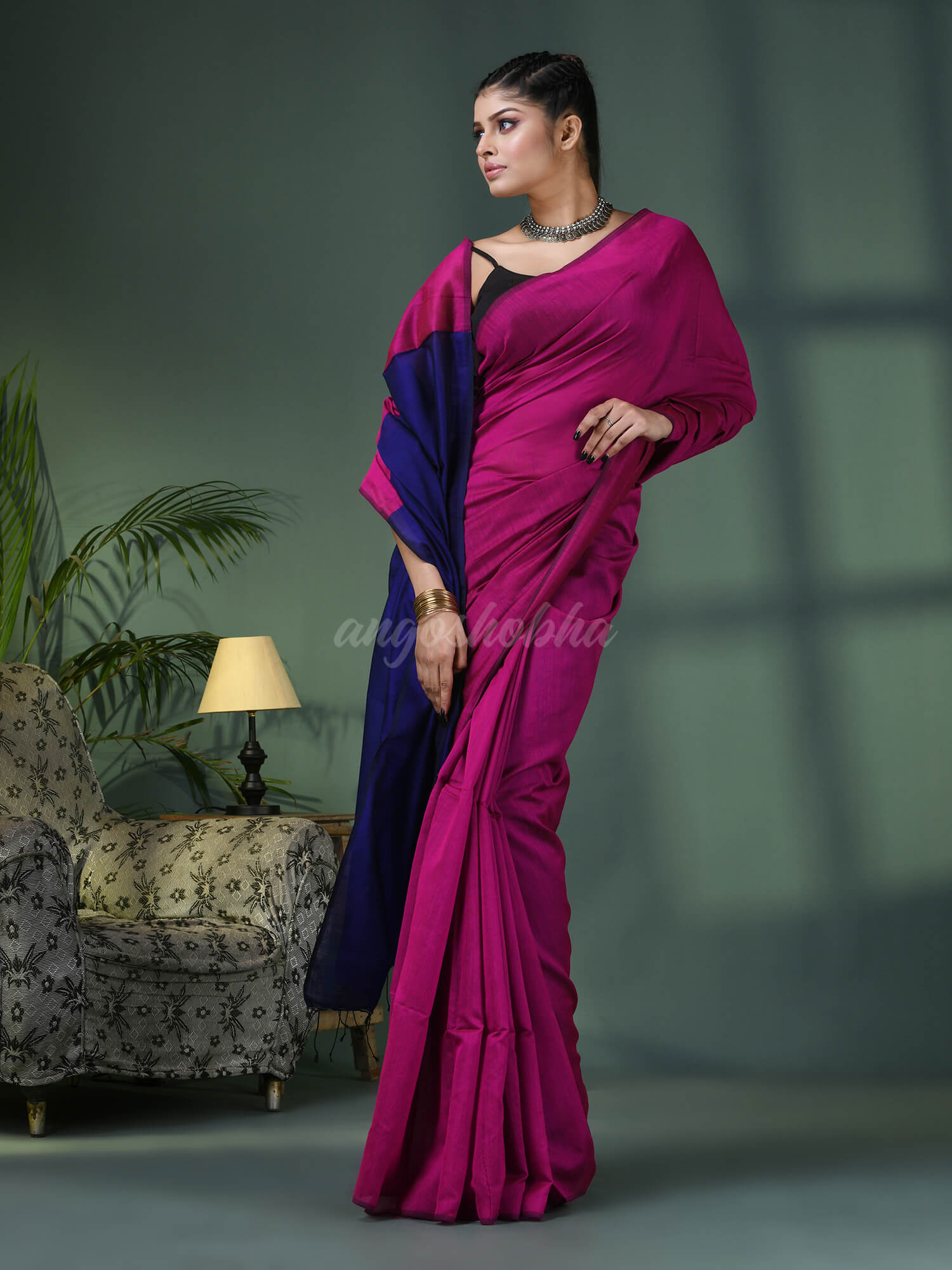 Rani Cotton Blend With Blue Pallu Handloom Saree