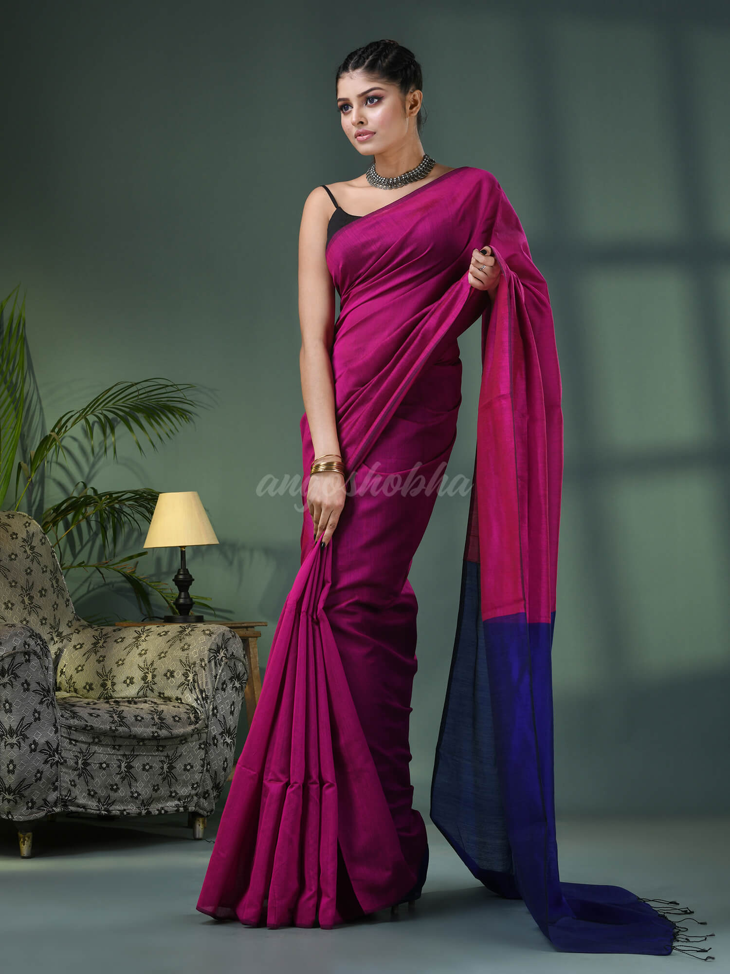 Rani Cotton Blend With Blue Pallu Handloom Saree