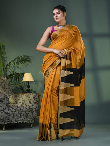 Yellow Cotton Blend Temple Jacquard Border Handloom Saree