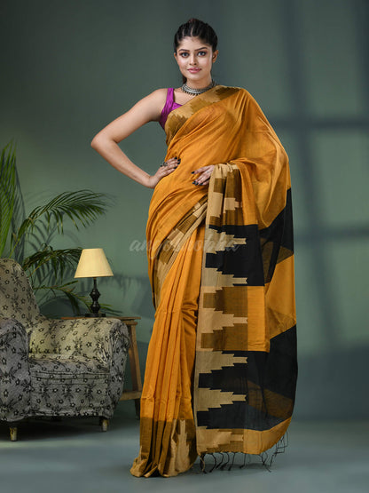 Yellow Cotton Blend Temple Jacquard Border Handloom Saree