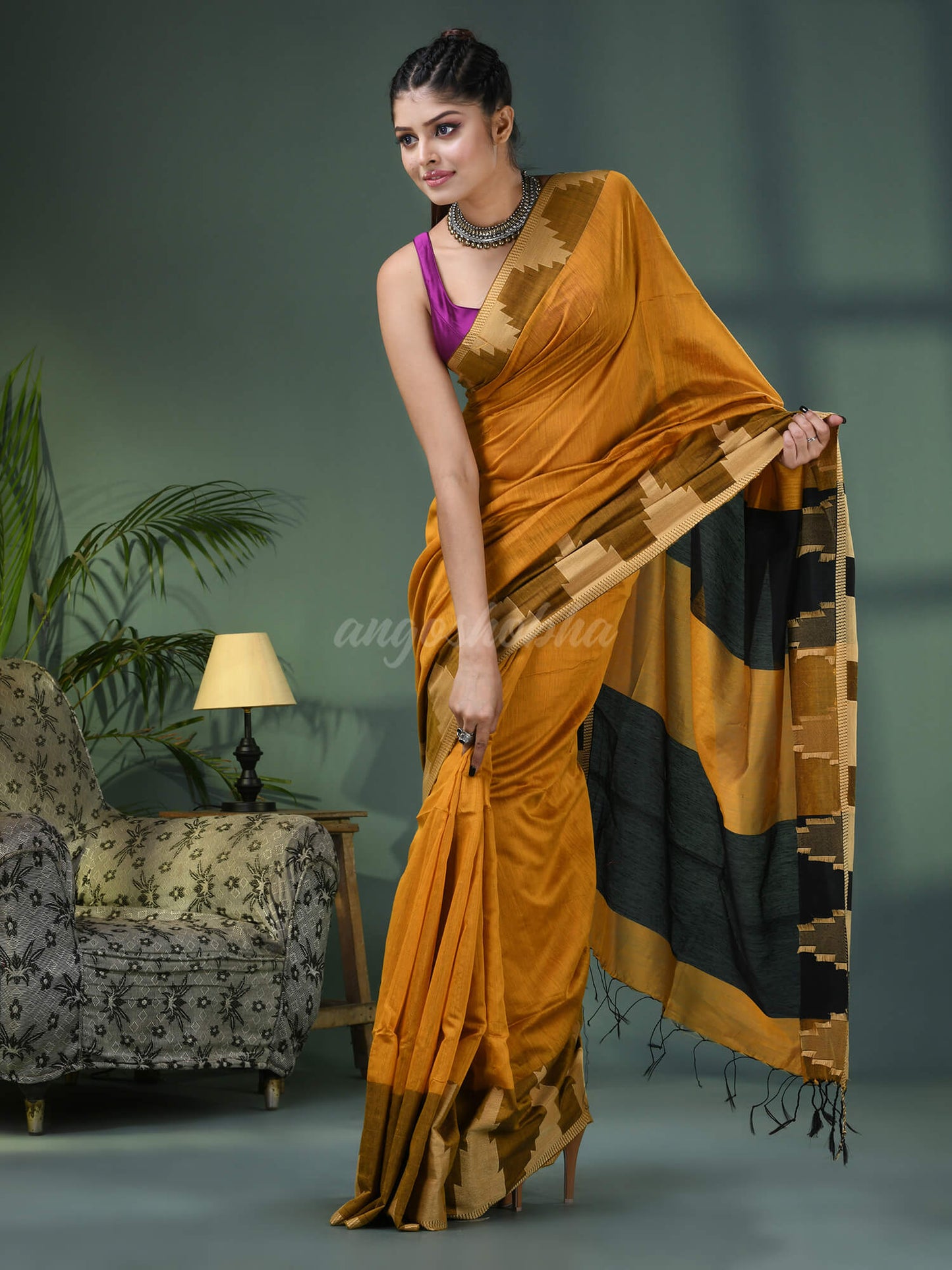 Yellow Cotton Blend Temple Jacquard Border Handloom Saree