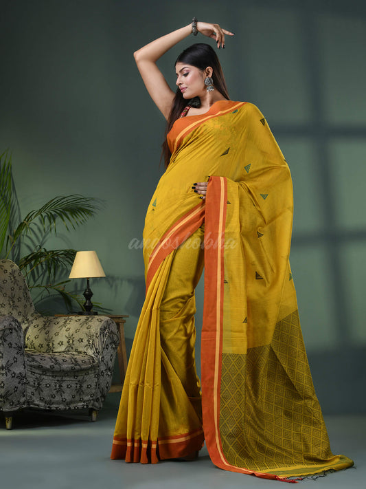 Yellow Cotton Blend Jacquard Work Handloom Saree