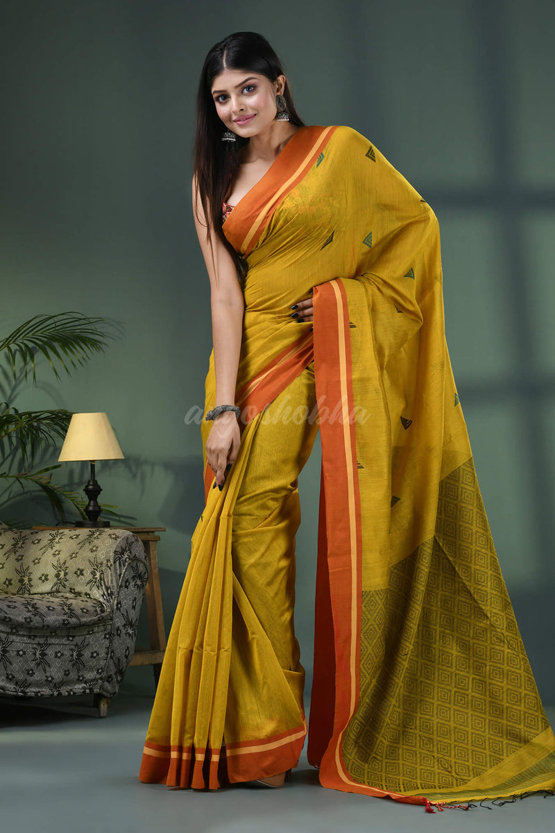Yellow Cotton Blend Jacquard Work Handloom Saree