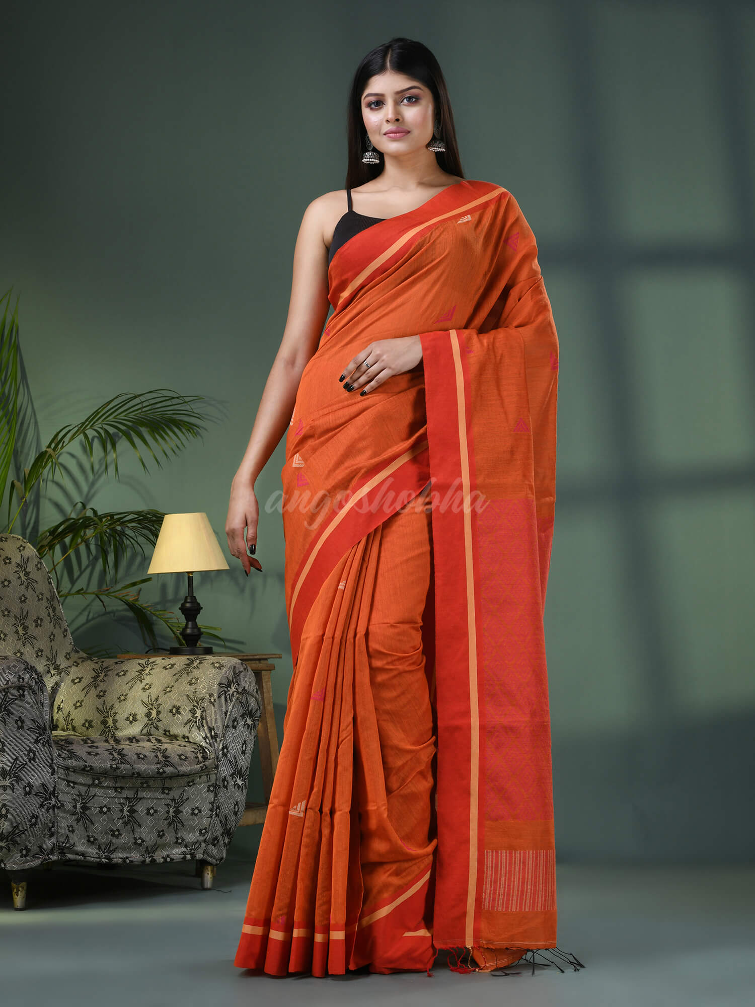 Orange Cotton Blend Jacquard Work Handloom Saree