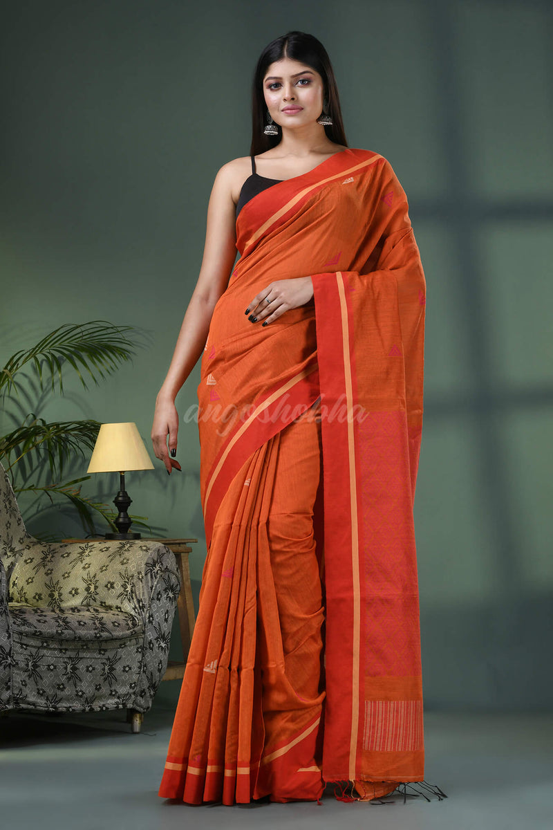 Orange Cotton Blend Jacquard Work Handloom Saree