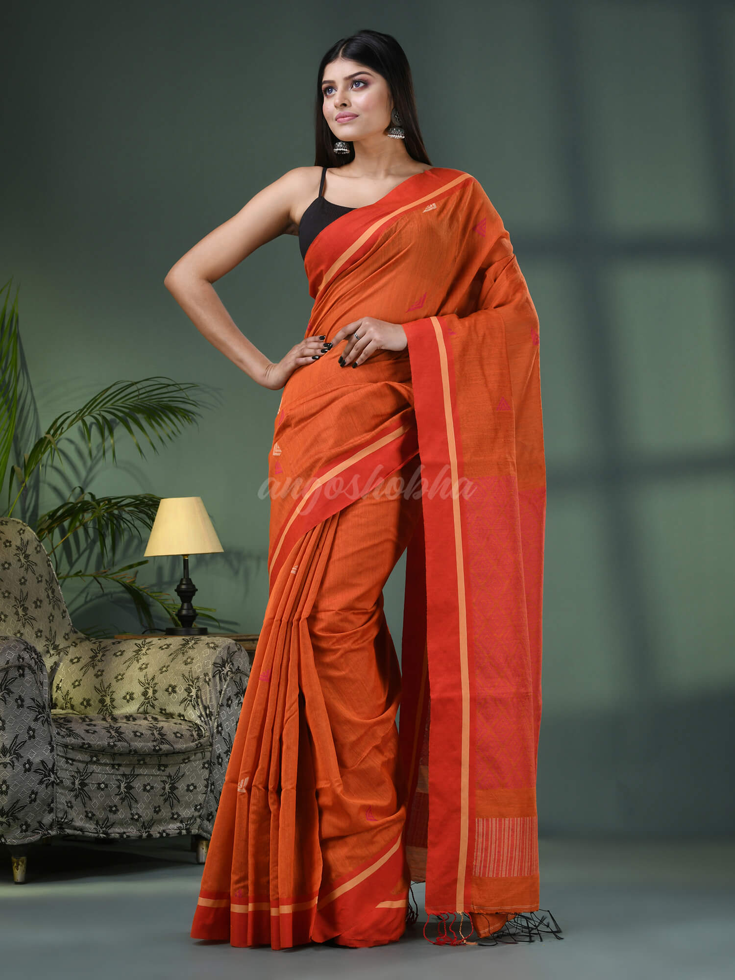 Orange Cotton Blend Jacquard Work Handloom Saree