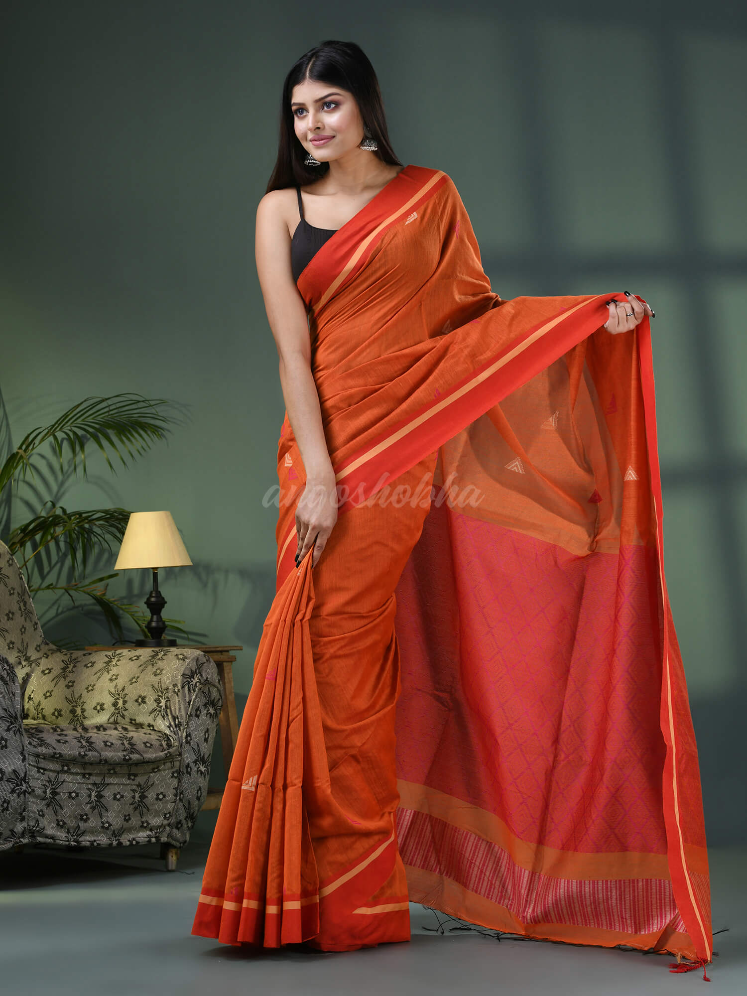 Orange Cotton Blend Jacquard Work Handloom Saree