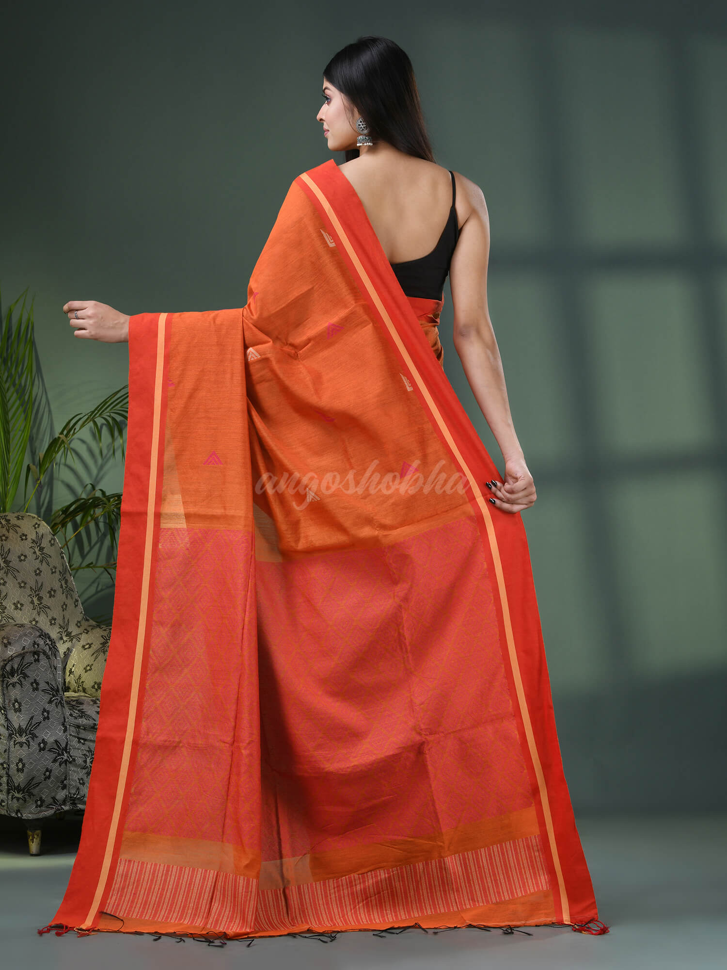 Orange Cotton Blend Jacquard Work Handloom Saree