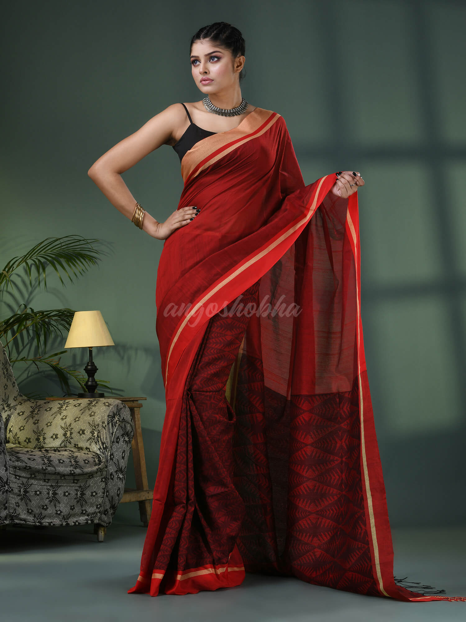 Red Cotton Blend Jacquard Work Handloom Saree